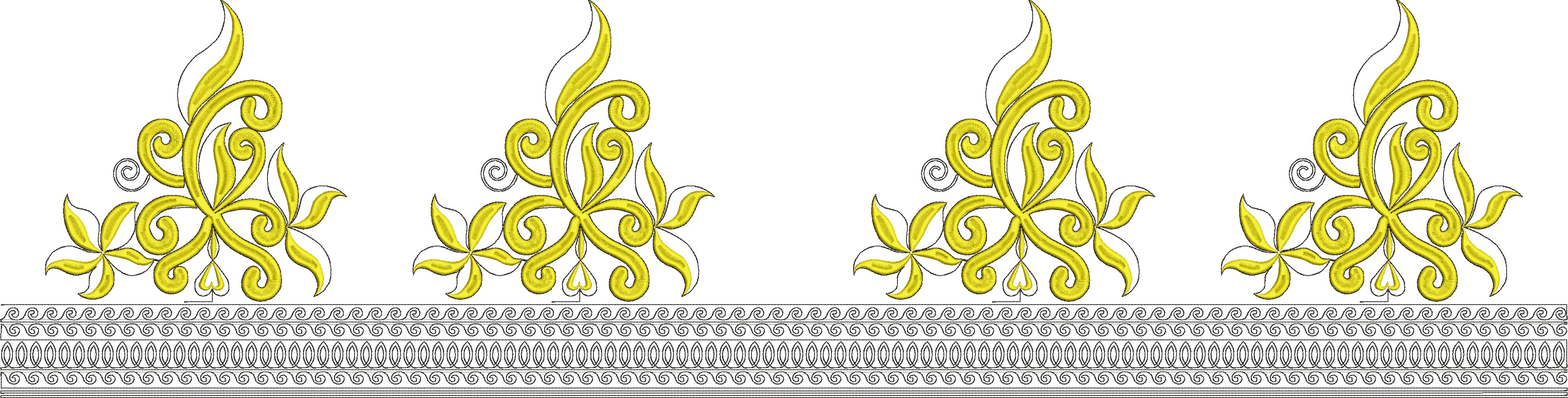 Embroidery design: A repeating pattern of yellow ornamental scrollwork with leaf and floral elements, featuring a decorative border at the 