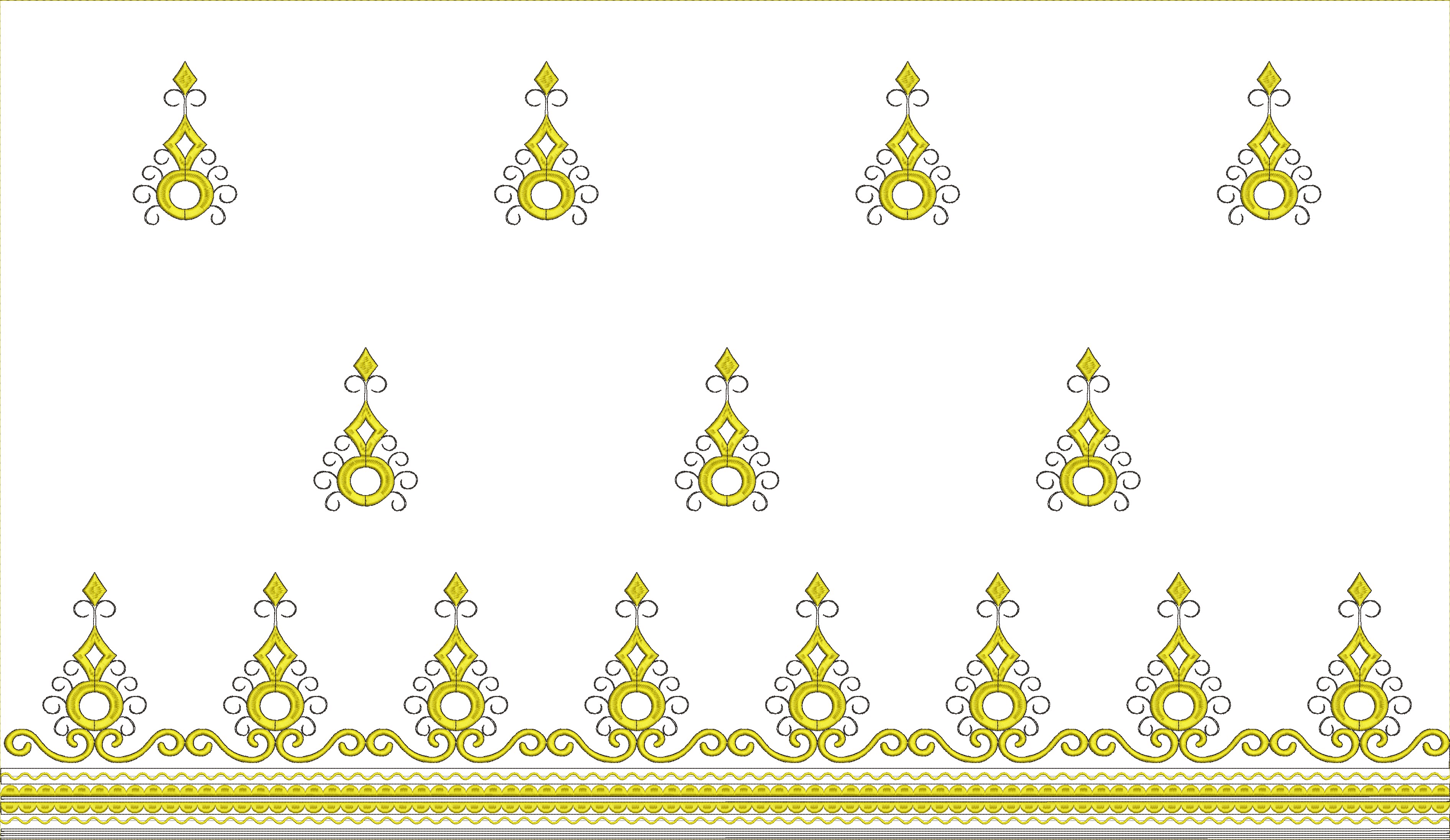 Embroidery design: A repeating horizontal embroidery border with stylized yellow and black ornamental motifs, featuring geometric shapes, s