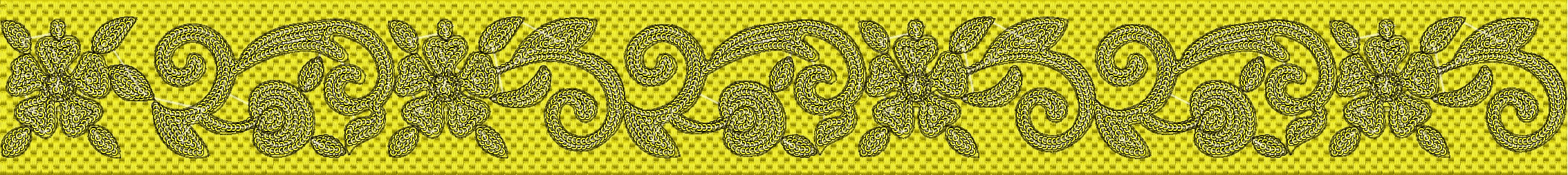 Embroidery design: A decorative yellow border with black embroidery featuring a repeating pattern of stylized flowers, leaves, and scrollwo