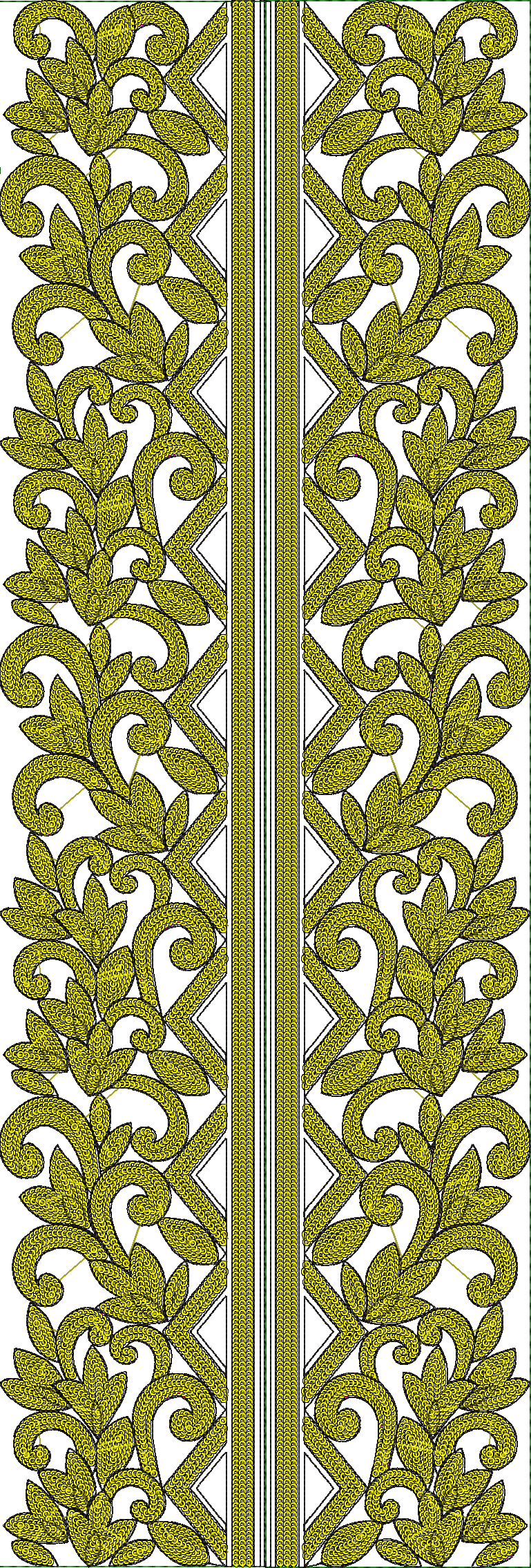Embroidery design: A symmetrical, repeating vertical border embroidery design featuring yellow-green scrollwork and leaf motifs with black 