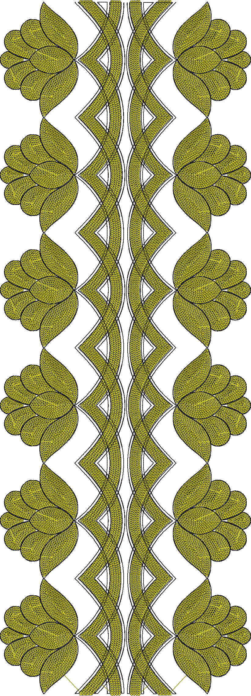 Embroidery design: A symmetrical, vertical embroidery design in yellow and black, featuring repeating leaf-like shapes arranged around a ce