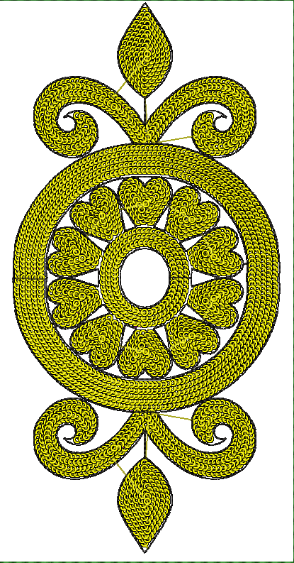 Embroidery design: A symmetrical, ornamental embroidery design in yellow, featuring a central medallion composed of scrollwork, leaf shapes