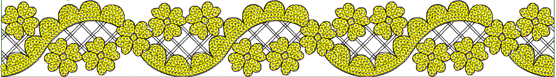 Embroidery design: A repeating decorative border with a symmetrical floral motif in yellow with black outlines and subtle gray and pink acc