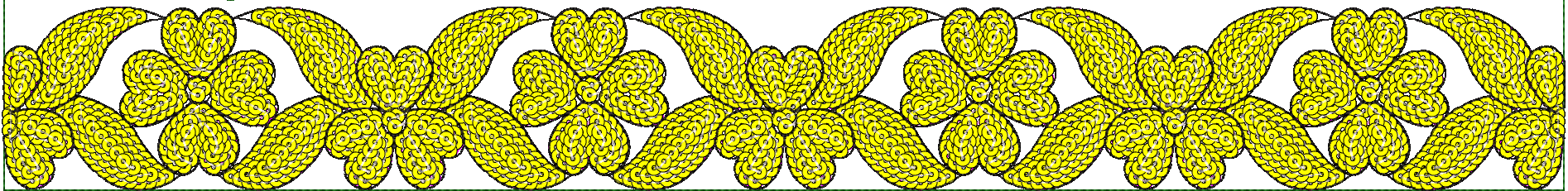Embroidery design: A repeating symmetrical ornamental border design in yellow and black, featuring dense fill of circular motifs and scroll