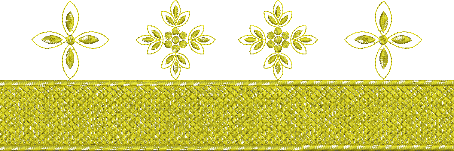 Embroidery design: A decorative gold embroidery border with repeating floral and geometric diamond motifs.