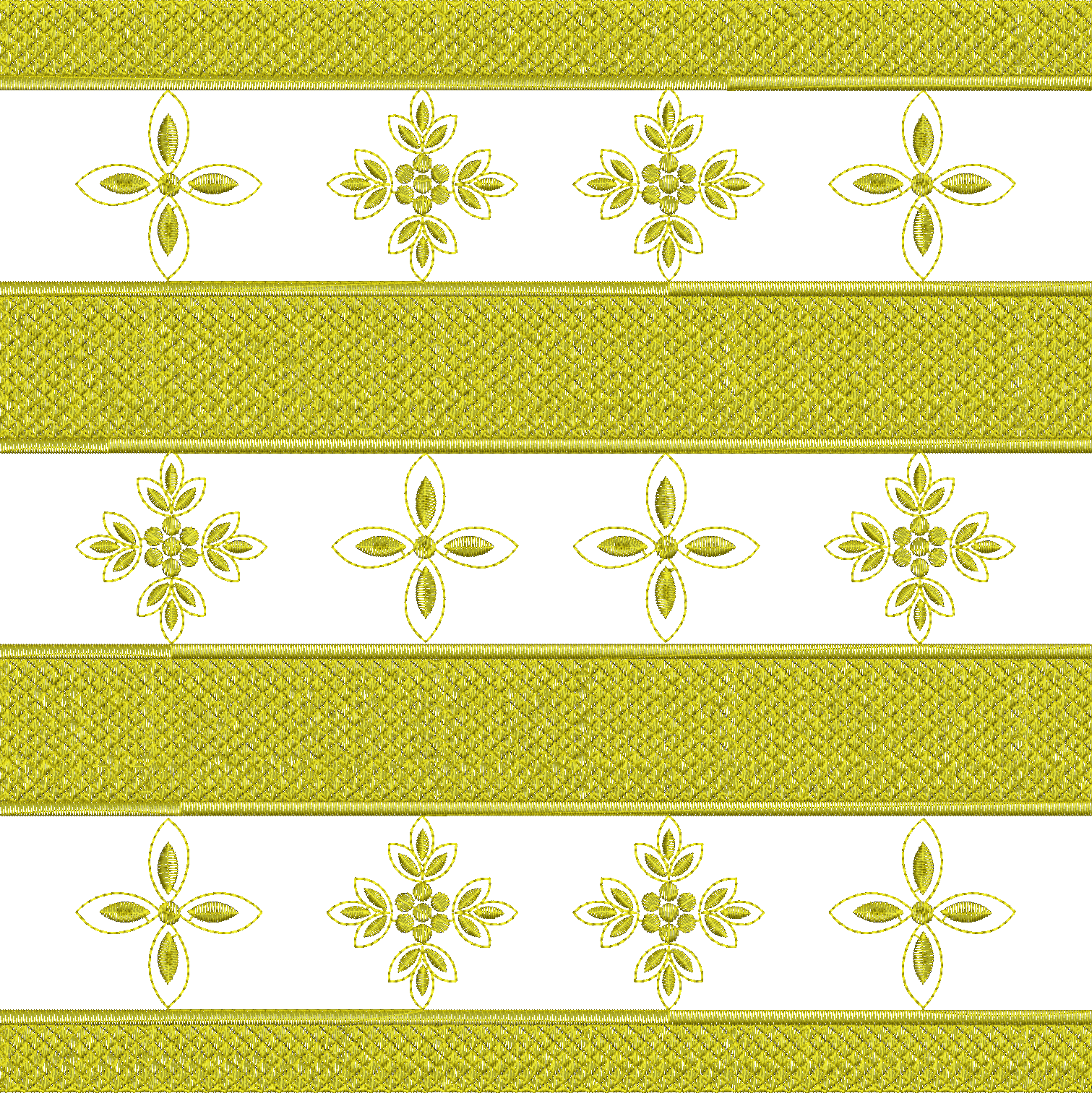 Embroidery design: A repeating horizontal embroidery border with alternating bands of textured golden yellow weave and white space containi