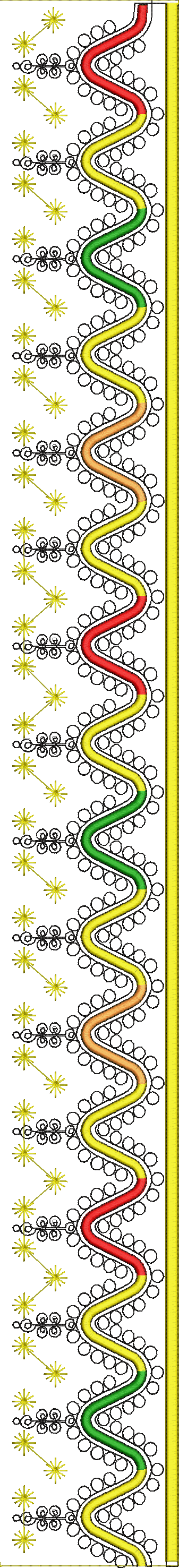 Embroidery design: A decorative border design featuring a wavy, multicolored band (red, yellow, green) outlined in black, with black circul