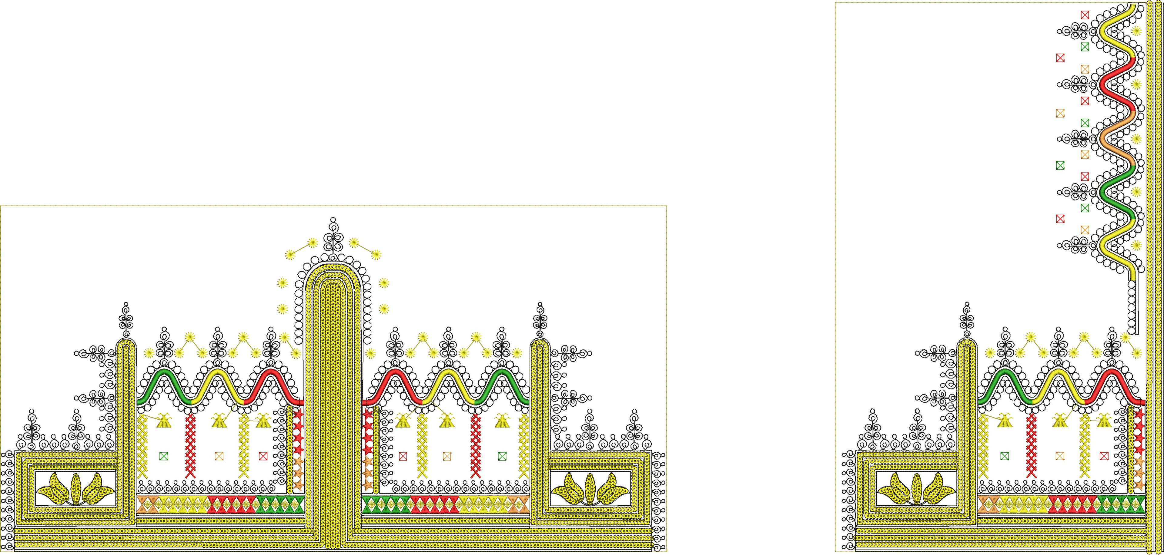 Embroidery design: A decorative embroidery border design featuring repeating geometric and floral motifs in yellow, red, green, orange, and