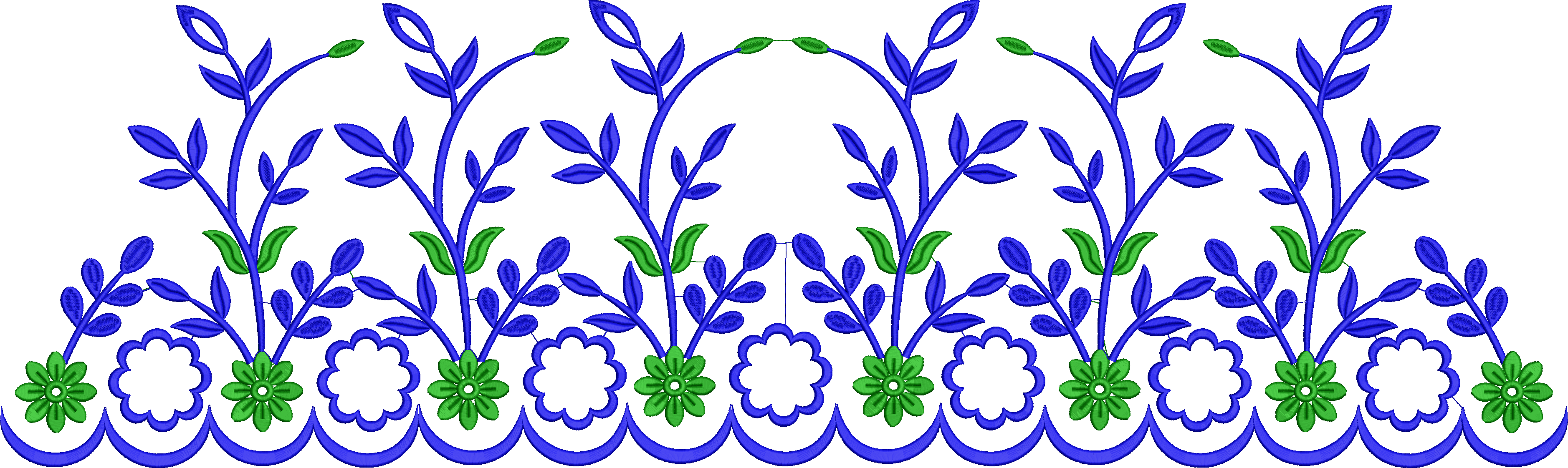 Embroidery design: A decorative border design featuring blue vines with green leaves and flowers, with a scalloped edge.