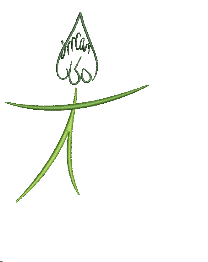 Embroidery design: A green embroidered design of a stylized figure resembling a dancing leaf with illegible text inside the leaf-shaped hea