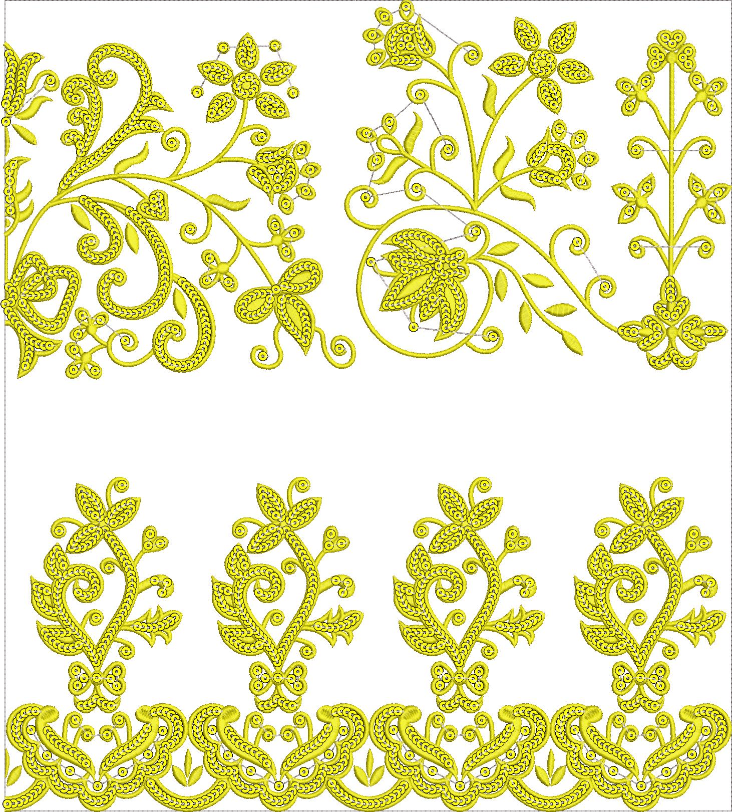 Embroidery design: An ornate yellow embroidery design featuring scrolling vines and floral motifs, suitable for borders and decorative elem