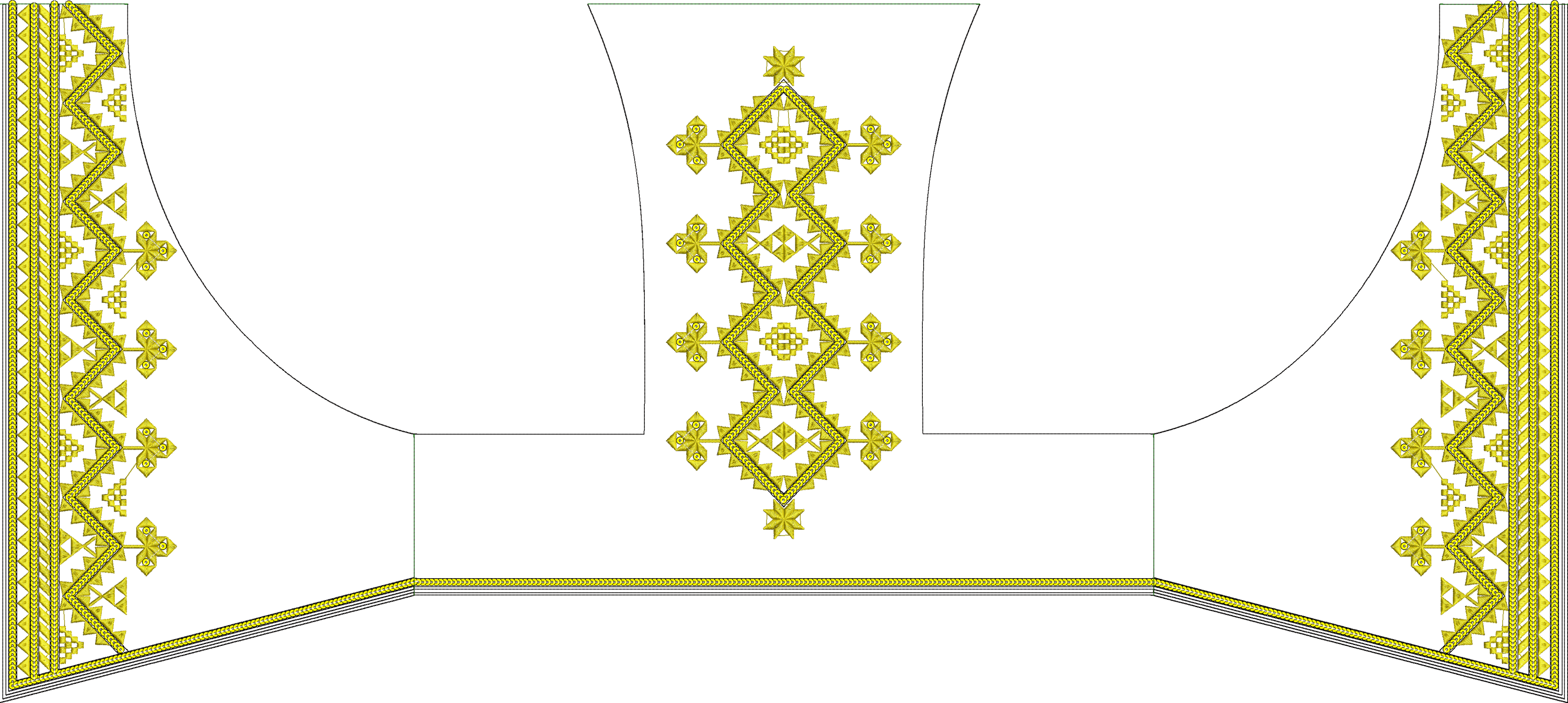 Embroidery design: A detailed golden yellow embroidery design on white fabric, featuring geometric borders on the sides, a decorative neckl