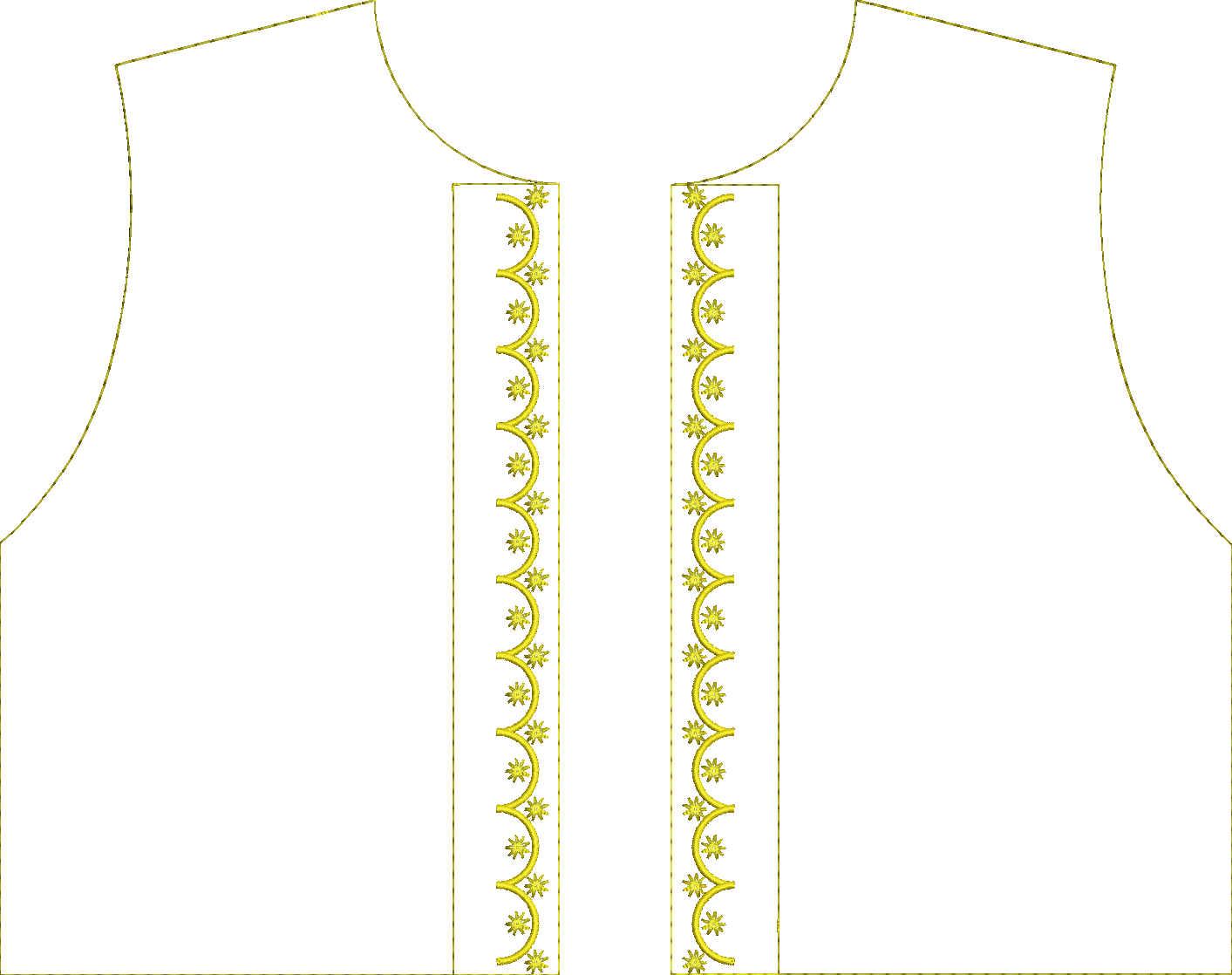Embroidery design: A yellow decorative border embroidery design with a scalloped edge, featuring repeating floral and geometric motifs in a