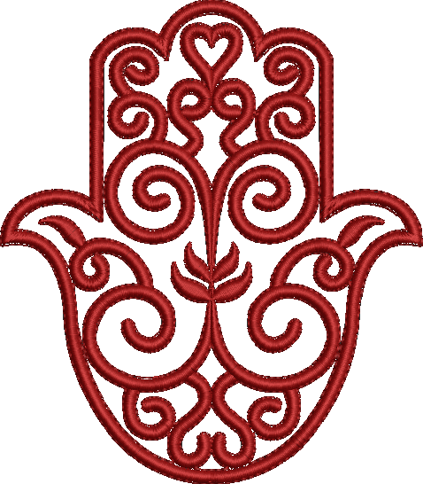 Embroidery design: A red Hamsa hand symbol embroidery design with intricate ornamental scrollwork in a symmetrical pattern.