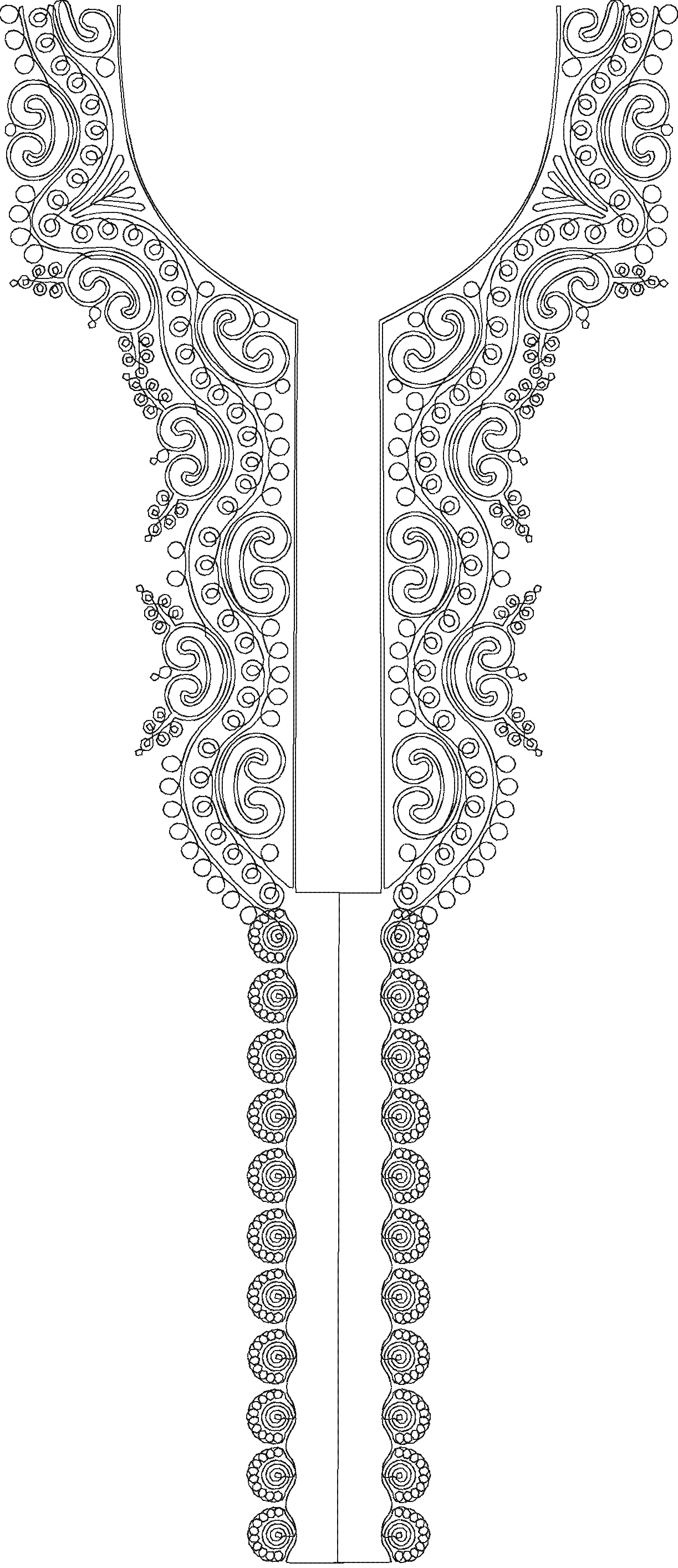 Embroidery design: A blackwork embroidery design for a neckline or panel, featuring symmetrical ornamental scrollwork, vine elements, and c