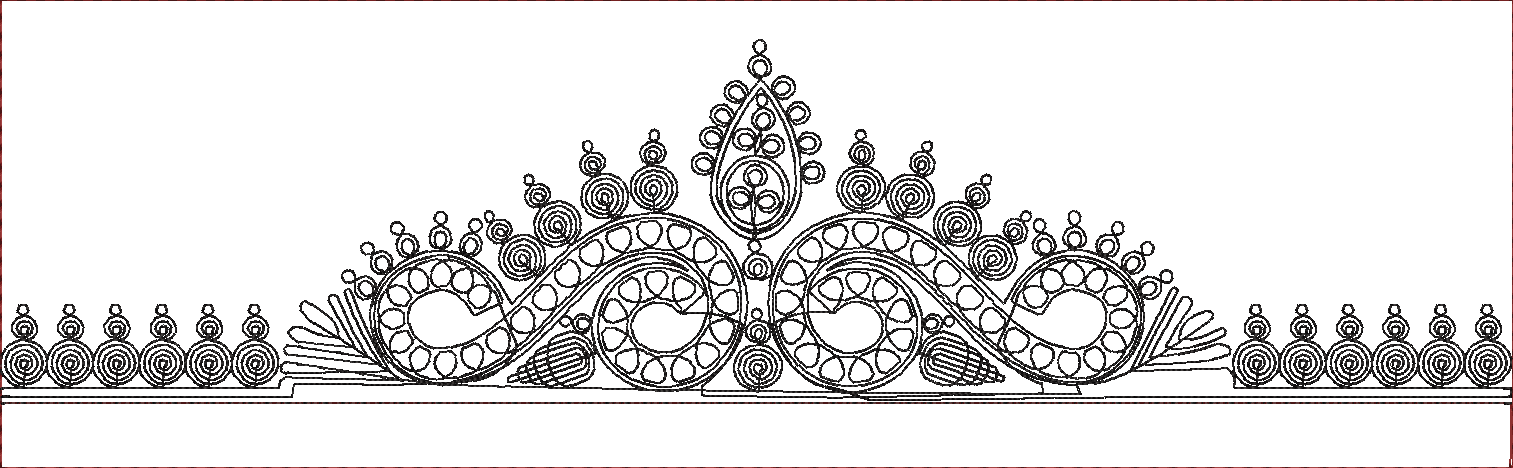 Embroidery design: A black and white embroidery design of a decorative, ornamental crown with symmetrical, mirrored geometric patterns and 
