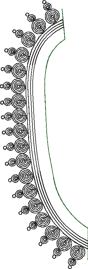 Embroidery design: An ornamental embroidery design featuring a curved border with concentric lines and repeating circular spiral motifs, ac