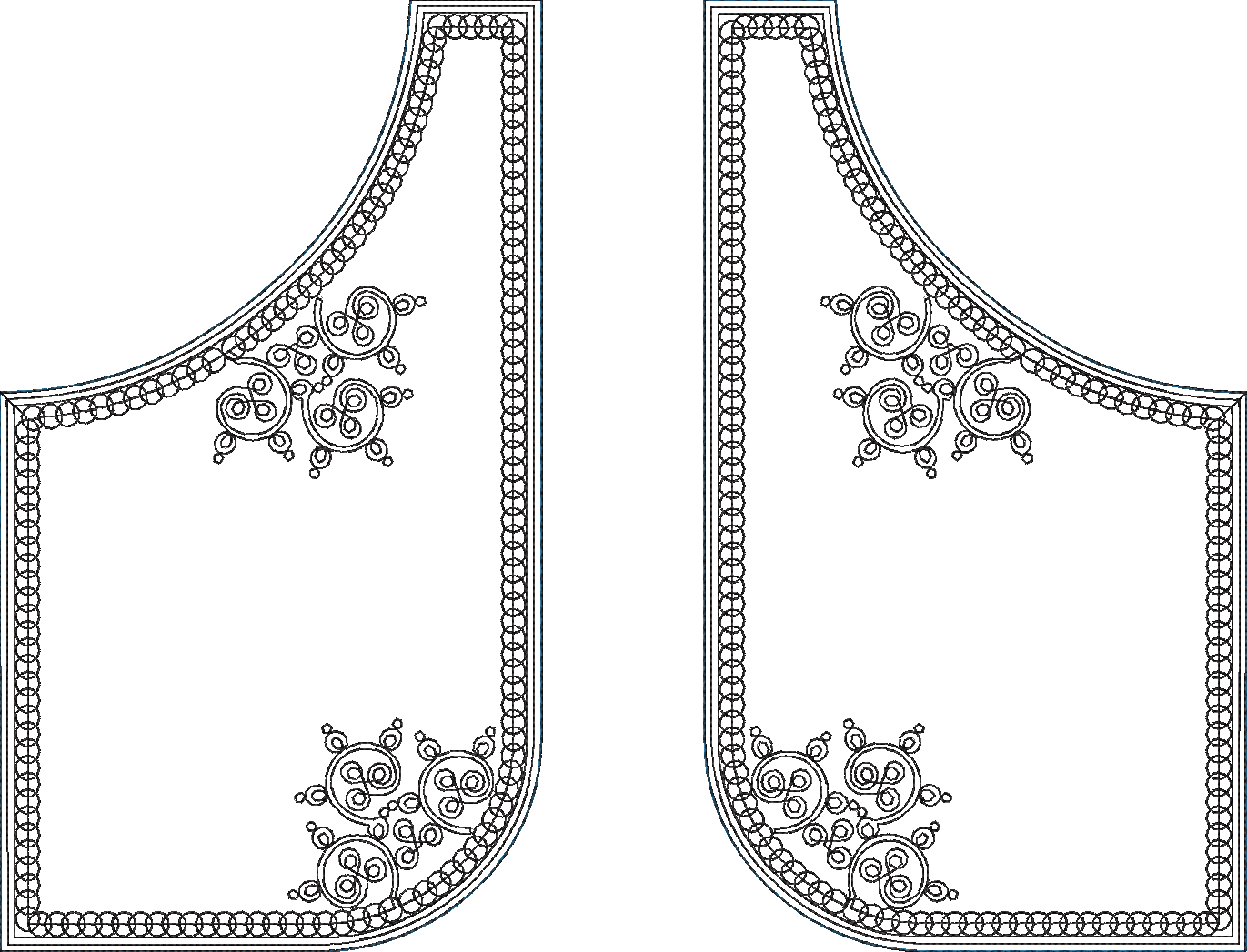 Embroidery design: Two mirrored black and white embroidery design panels for a garment's front, featuring intricate borders of circular mot