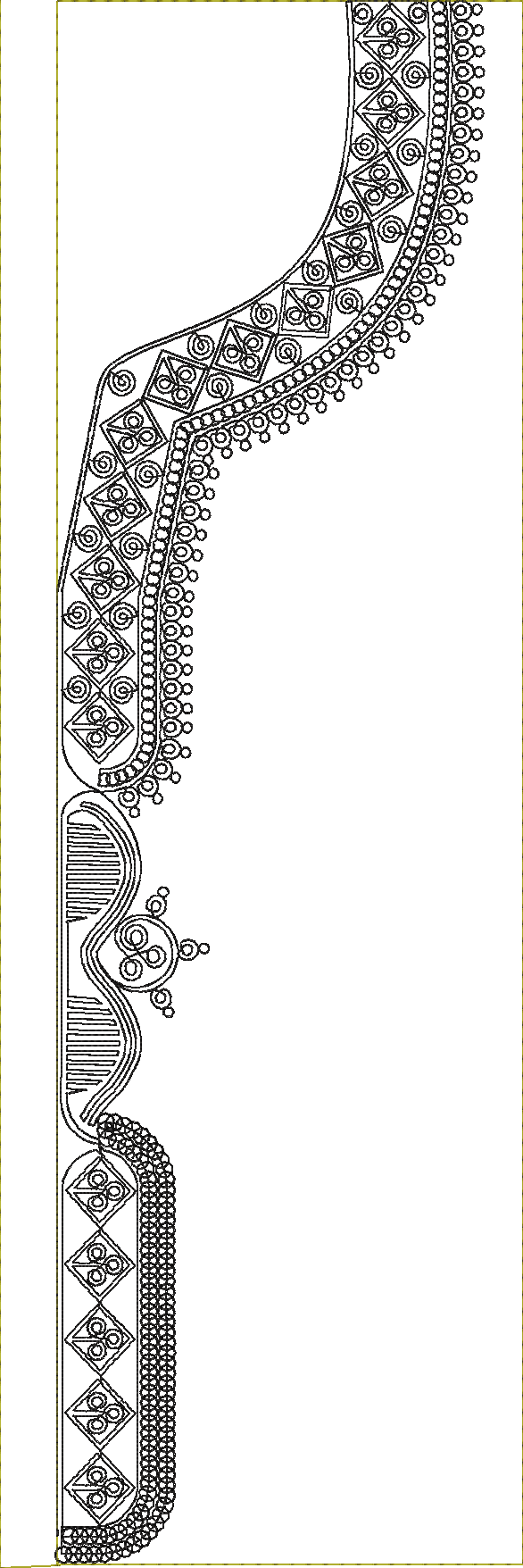 Embroidery design: A black and white embroidery design featuring intricate scrollwork, diamond shapes, and circular motifs in a symmetrical