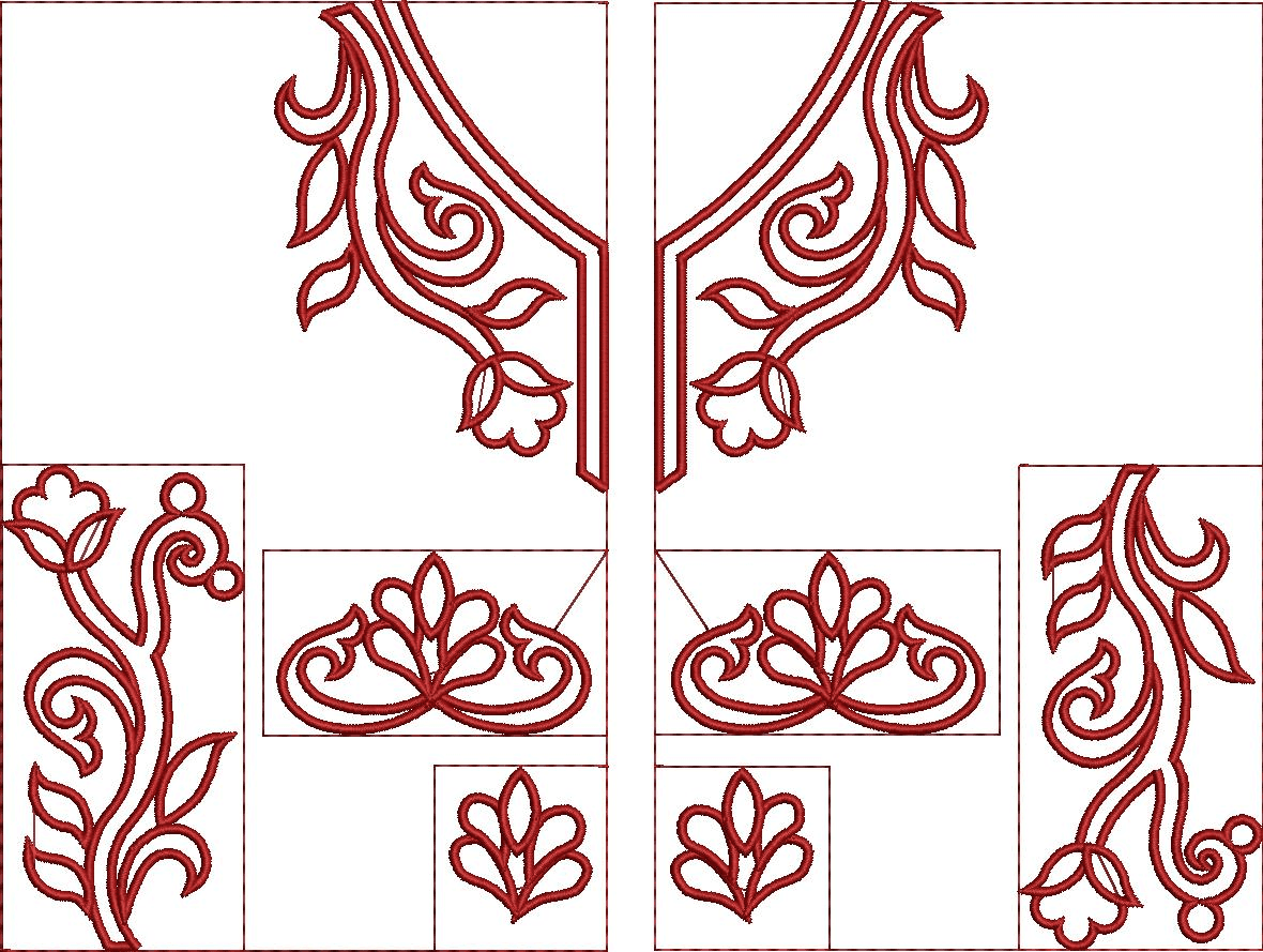 Embroidery design: A red embroidery design featuring symmetrical and mirrored floral and vine motifs in a traditional and decorative orname