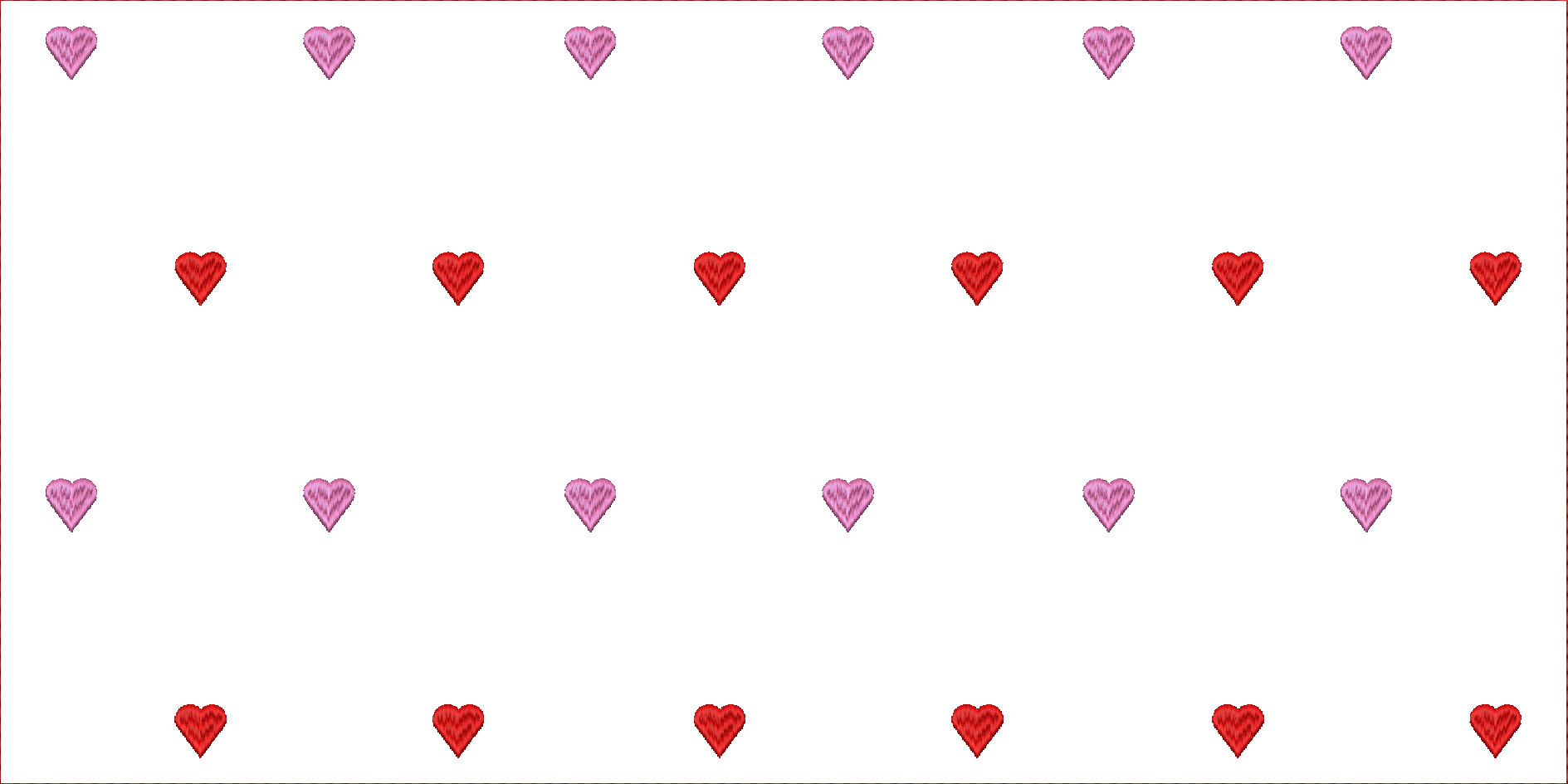 Embroidery design: A repeating pattern of red and pink embroidered hearts against a white background.
