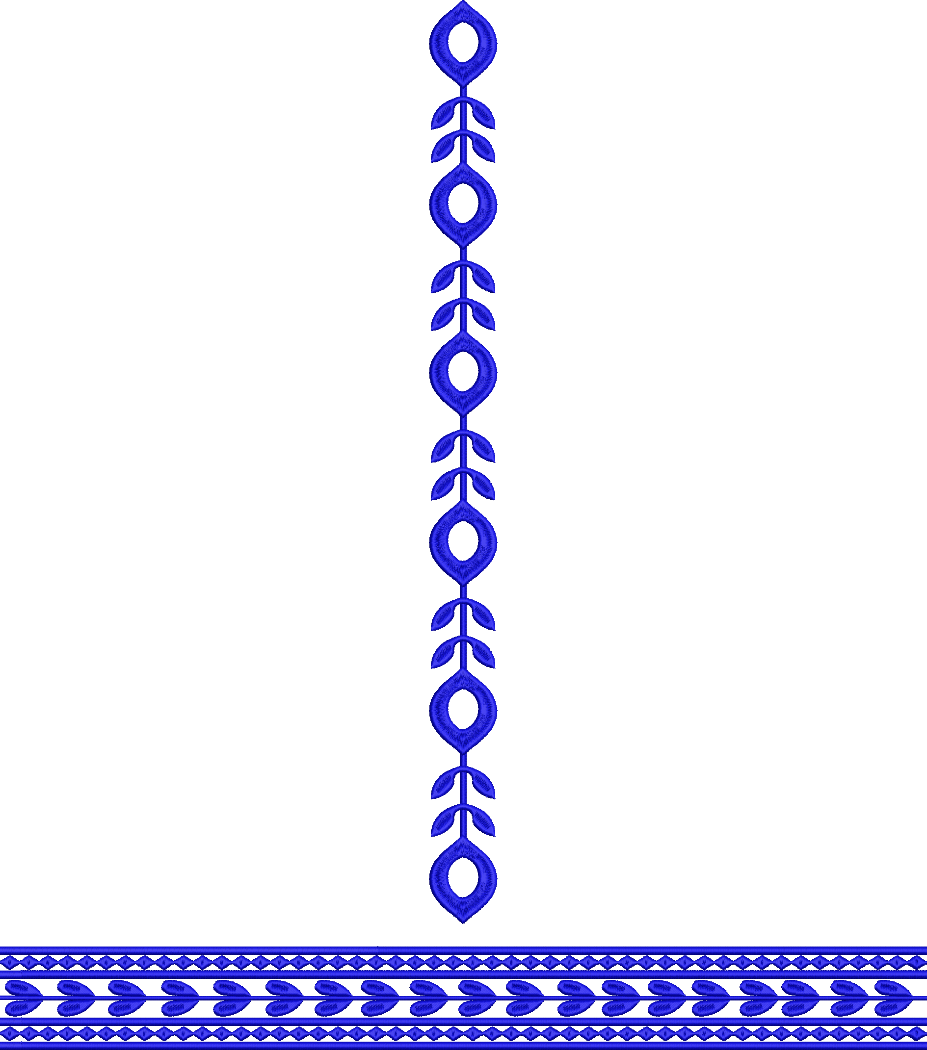 Embroidery design: A blue embroidery design featuring a vertical border with repeating geometric and leaf motifs, and a horizontal border w