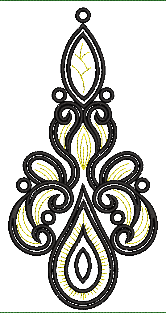 Embroidery design: A symmetrical black and gold embroidery design in an ornamental and decorative style, featuring scrollwork and a central