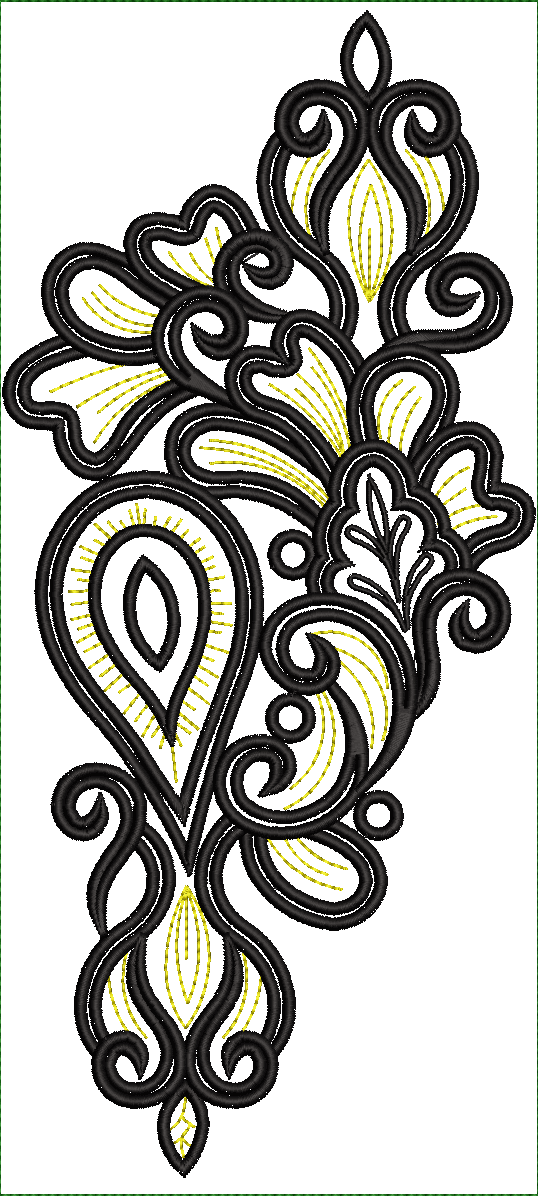Embroidery design: An asymmetrical black and gold embroidery design with ornamental scrollwork and floral motifs.