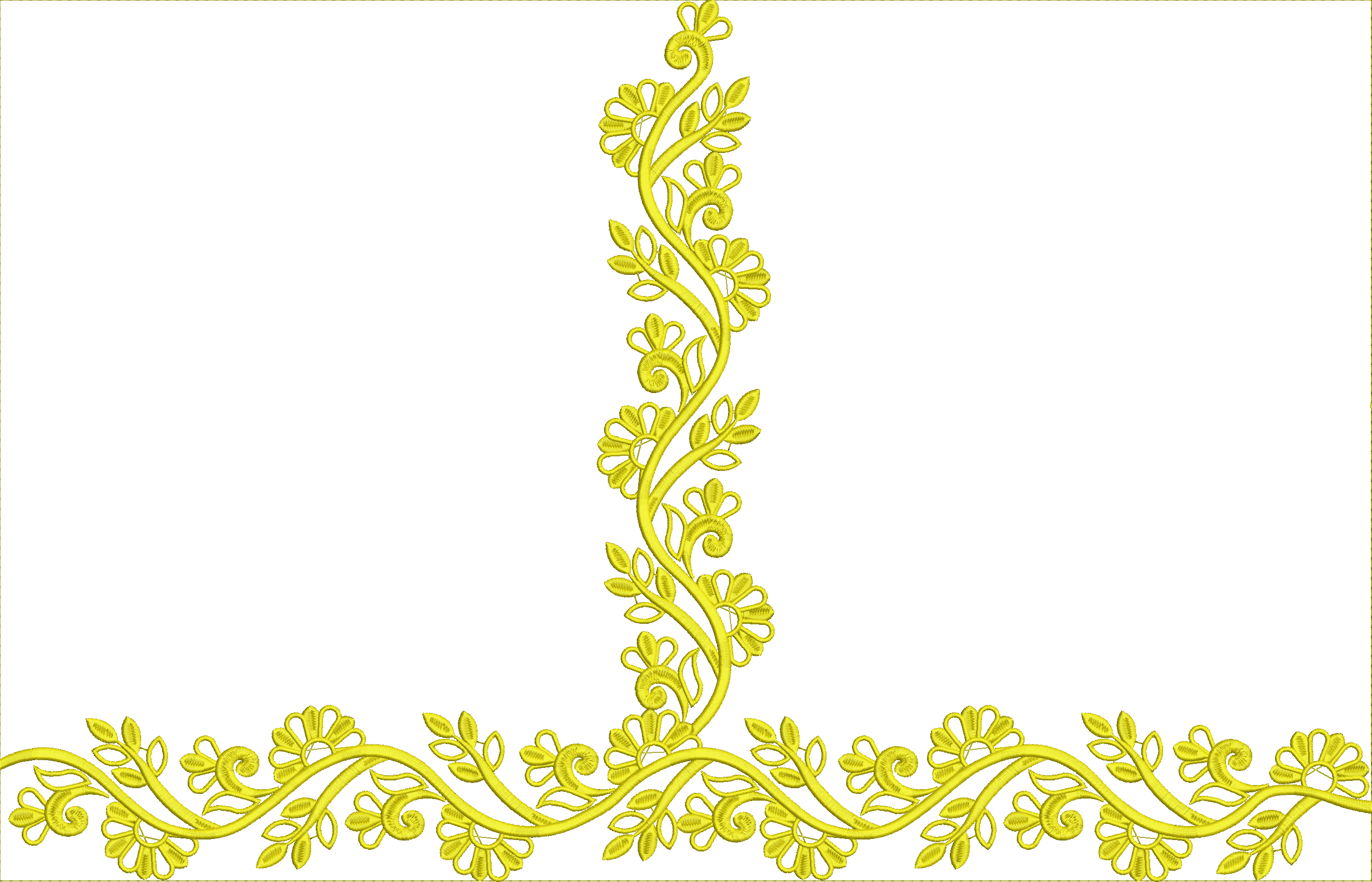 Embroidery design: A decorative yellow embroidery border design featuring a repeating pattern of vines, leaves, and flowers.