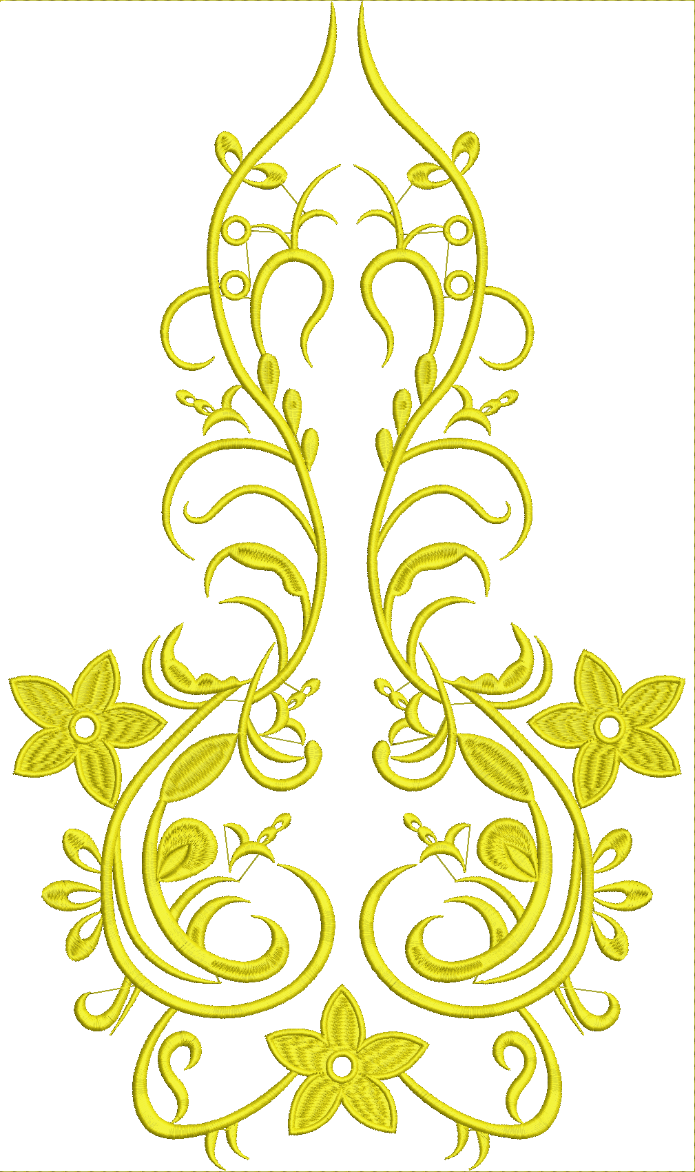 Embroidery design: A symmetrical yellow embroidery design featuring floral and vine motifs, suitable for use as a decorative panel or borde