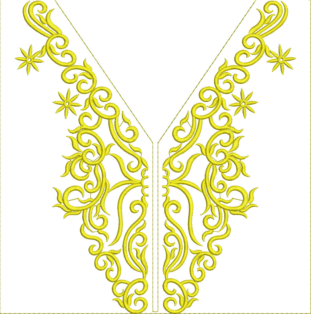 Embroidery design: A yellow ornamental embroidery design for a neckline, featuring symmetrical scrollwork and star-like floral accents.