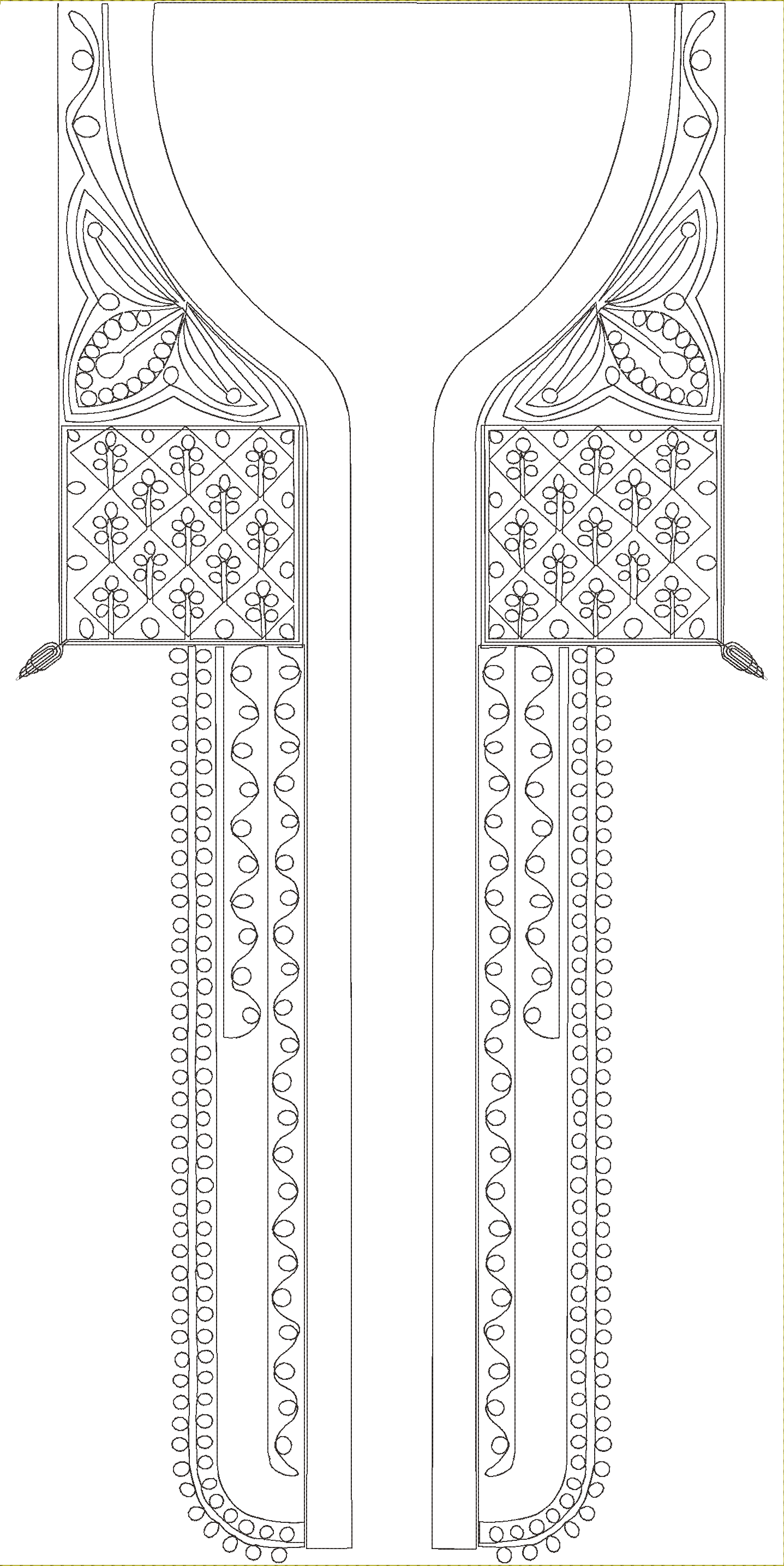 Embroidery design: A symmetrical black and white embroidery design for a garment's neckline and front panel, featuring ornamental floral an