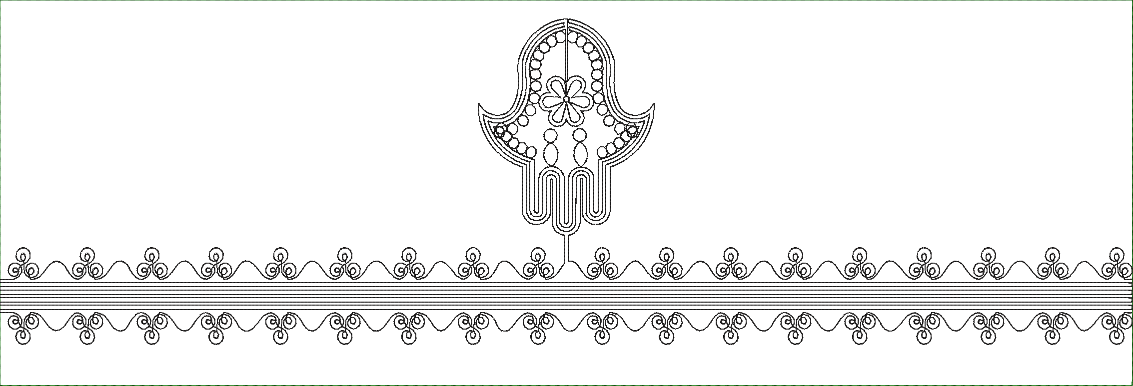 Embroidery design: A black and white embroidery design featuring a Hamsa hand symbol with floral and circular embellishments, above a horiz