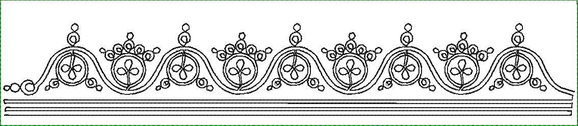 Embroidery design: A black and white line drawing of a repeating, symmetrical border with ornamental floral motifs, resembling lace.