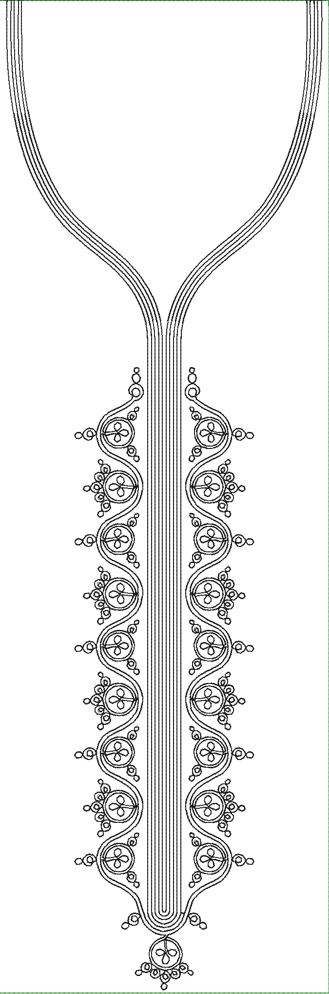 Embroidery design: A black and white embroidery design for a neckline, featuring symmetrical ornamental and geometric patterns with a lace-