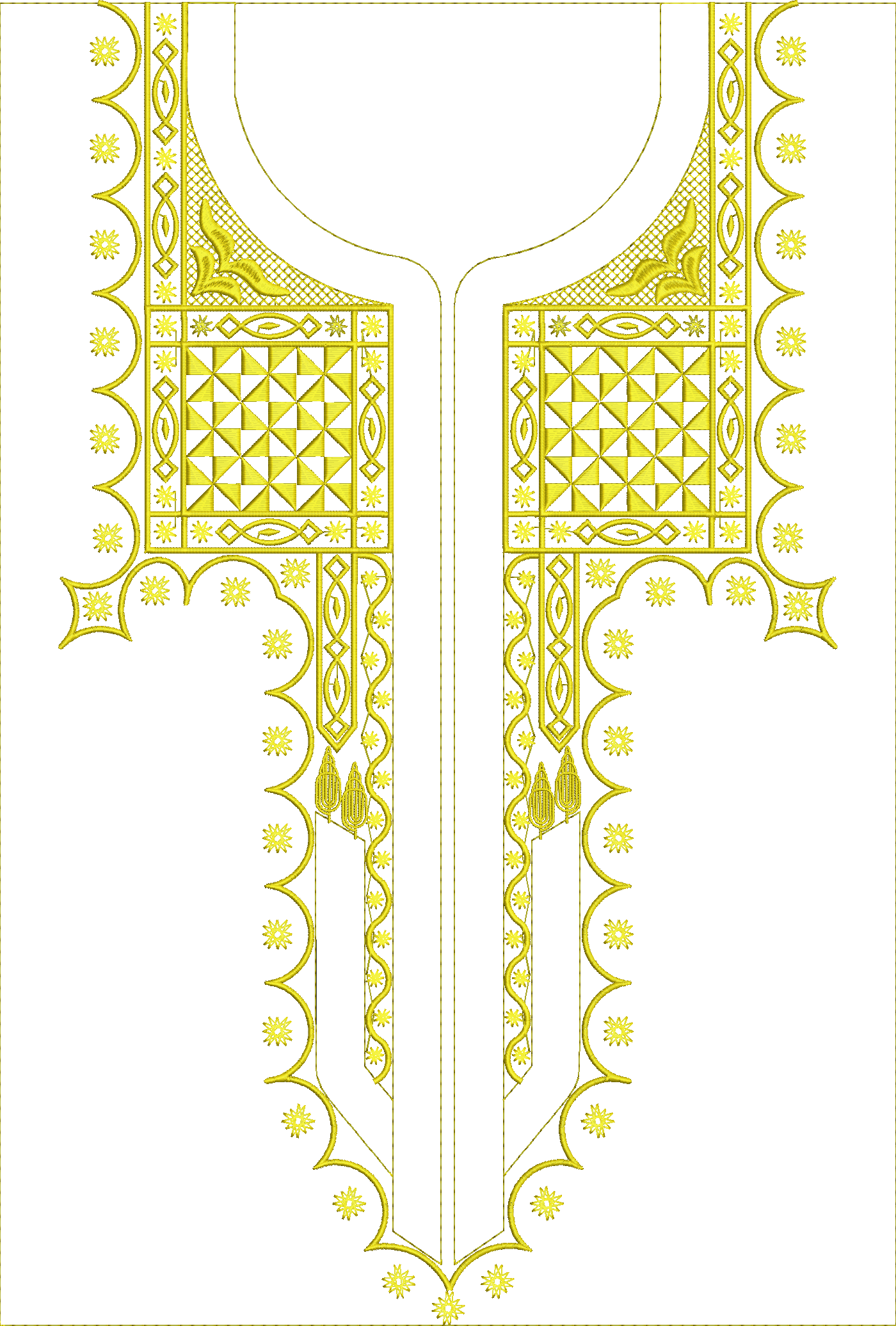 Embroidery design: An ornamental golden yellow embroidery design for a garment neckline, featuring symmetrical geometric patterns, stylized