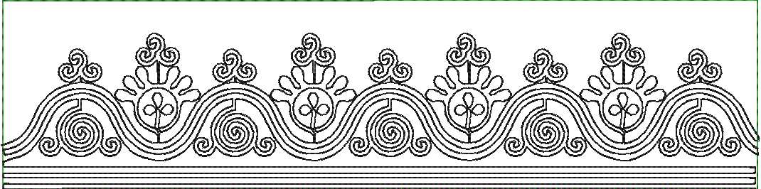 Embroidery design: A black and white embroidery design featuring a repeating decorative border with a wave pattern. Each wave crest has a s