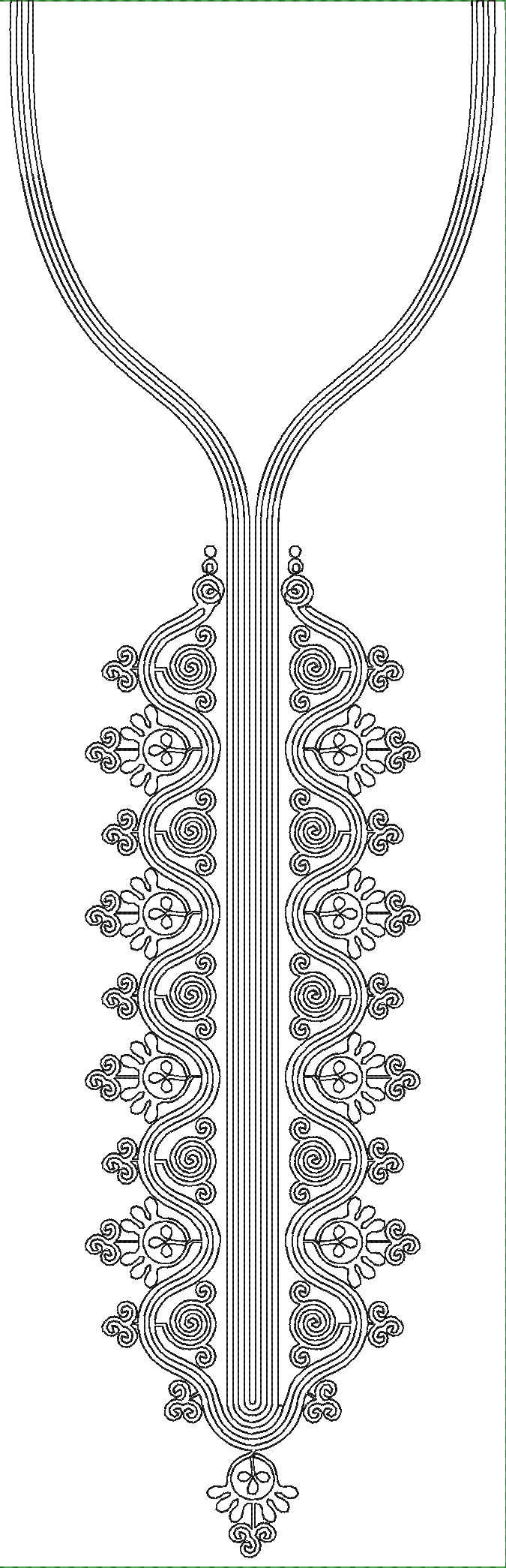 Embroidery design: A black and white embroidery design for a neckline or front panel, featuring symmetrical scrollwork, wavy lines, and geo