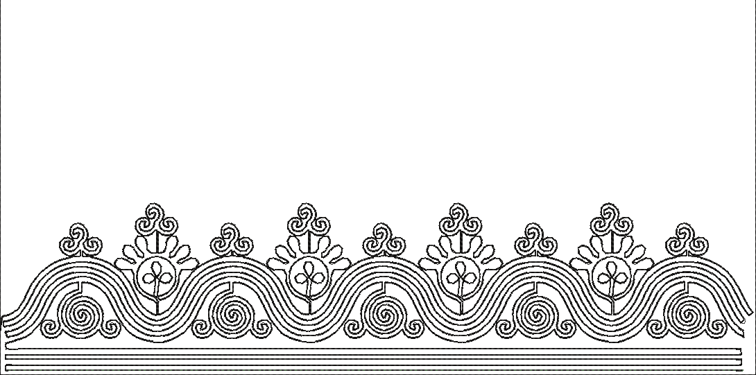 Embroidery design: A black and white repeating border design featuring a wave pattern with stylized floral or sun motifs at the crests and 