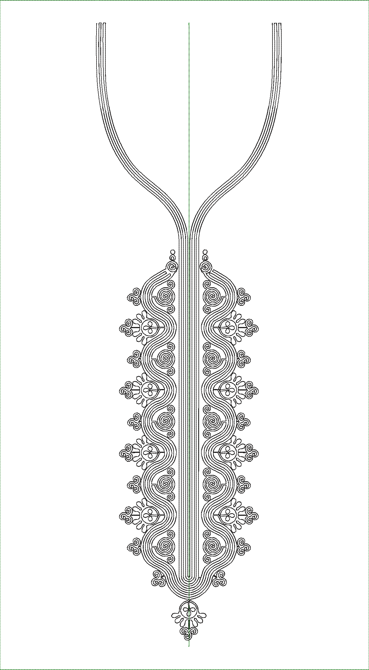 Embroidery design: A black and white embroidery design featuring intricate scrollwork and floral motifs arranged symmetrically, resembling 