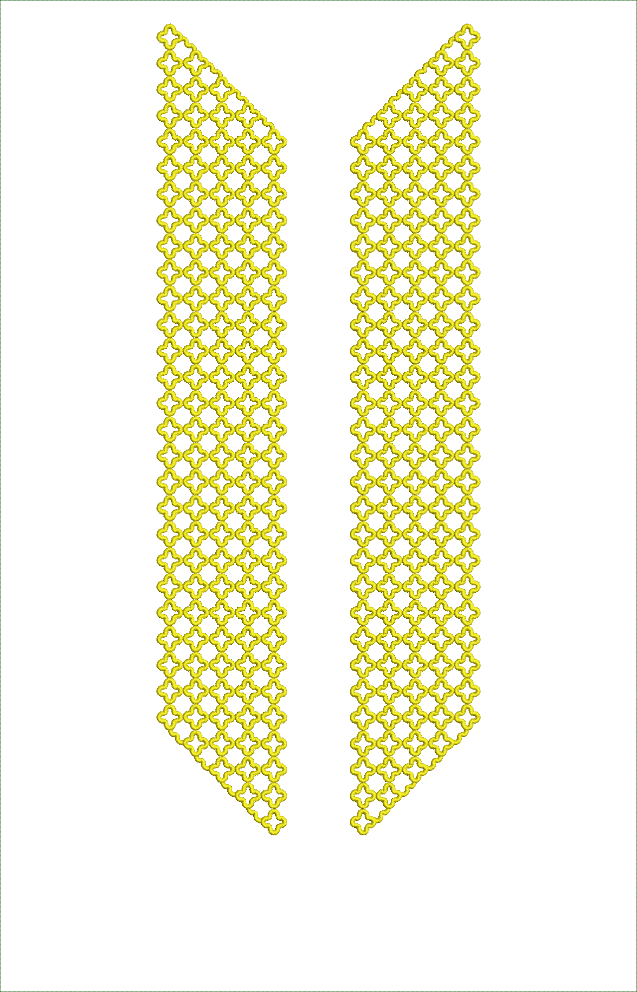Embroidery design: Two long, vertical panels with a repeating geometric lattice pattern in yellow, one on the left and one on the right, wi