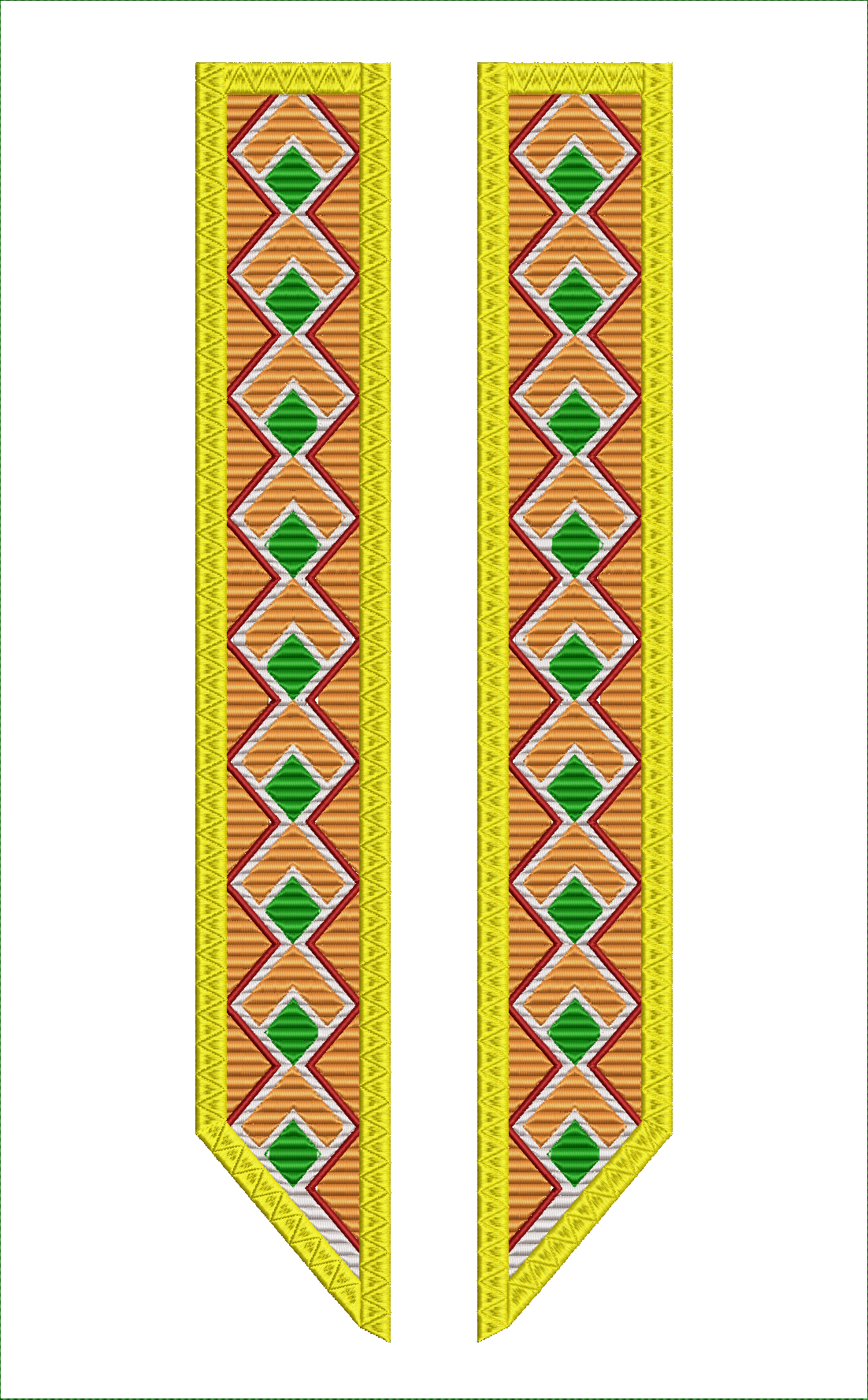 Embroidery design: A pair of decorative embroidery panels featuring a repeating geometric diamond pattern in yellow, orange, red, green, an