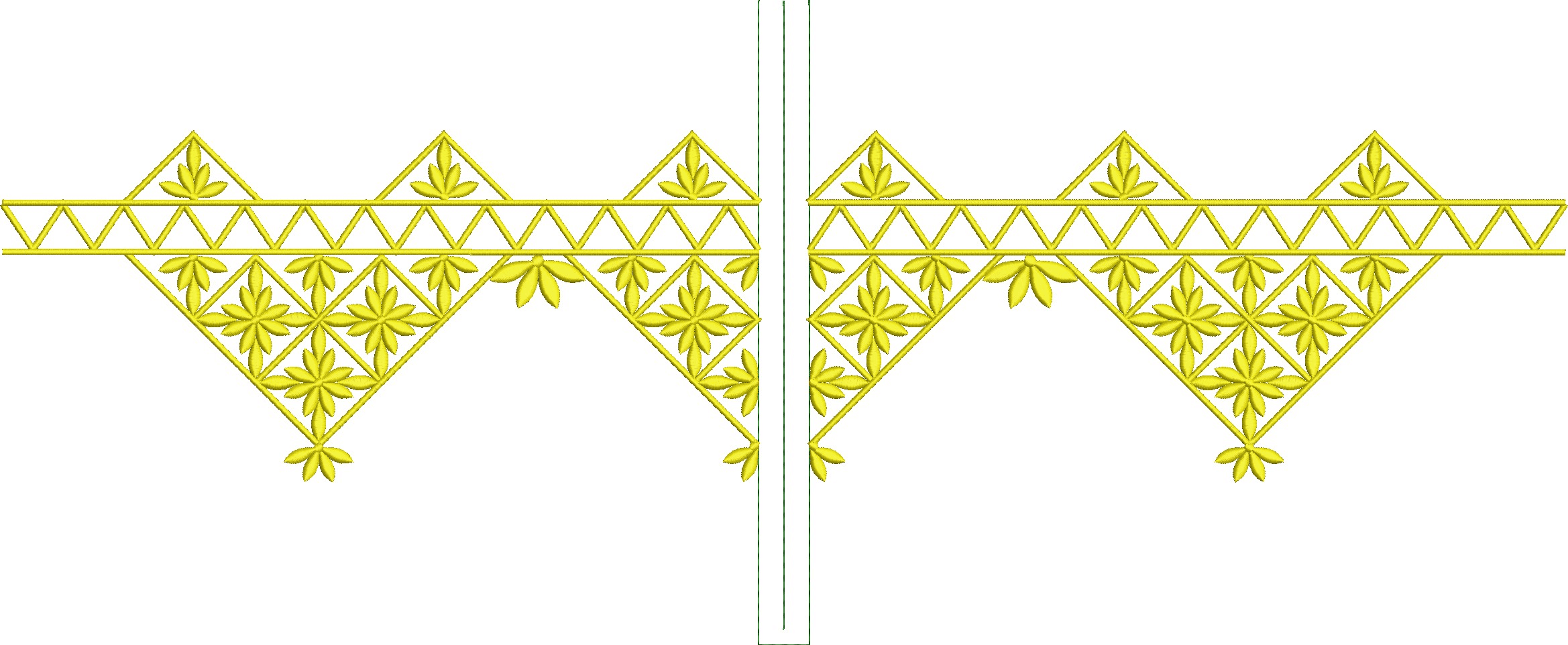 Embroidery design: A decorative yellow embroidery border with geometric and floral elements in a symmetrical, repeating pattern. The design