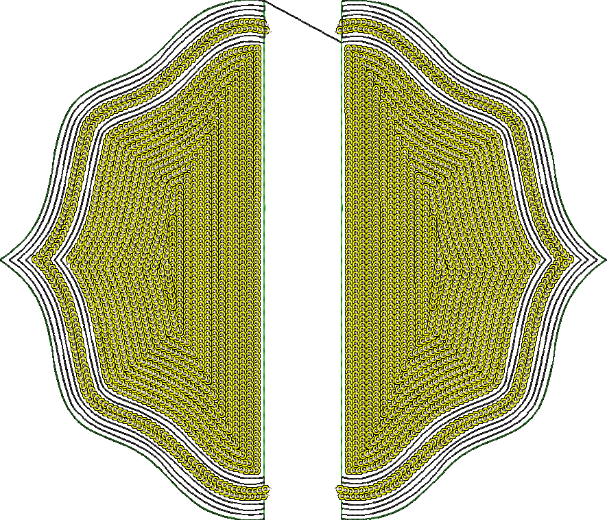 Embroidery design: A symmetrical embroidery design with a dense fill of yellow circular motifs, outlined by black and green layers, forming