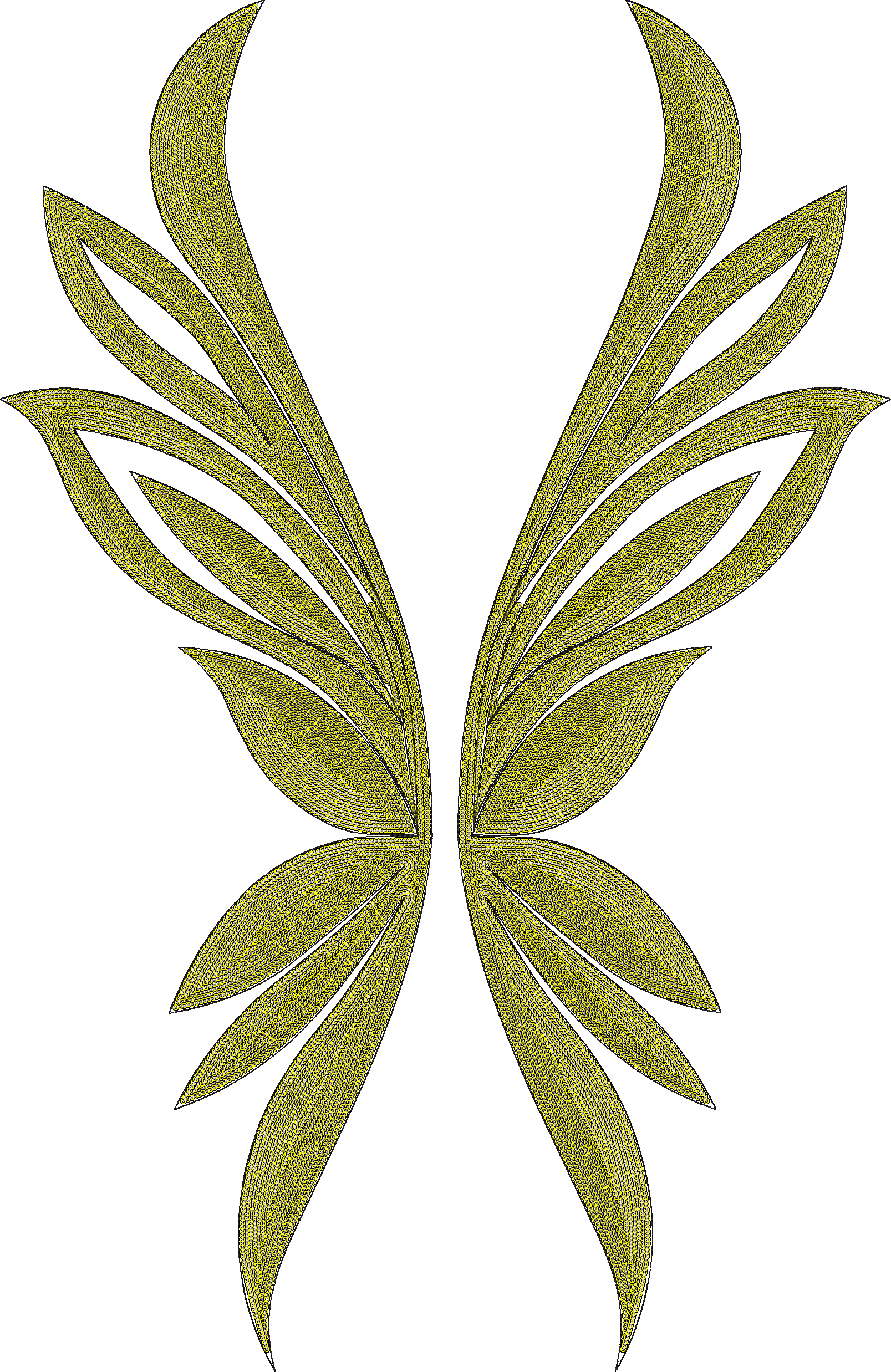 Embroidery design: A symmetrical embroidery design resembling stylized wings or large leaves, rendered in yellow-green with dense, layered 