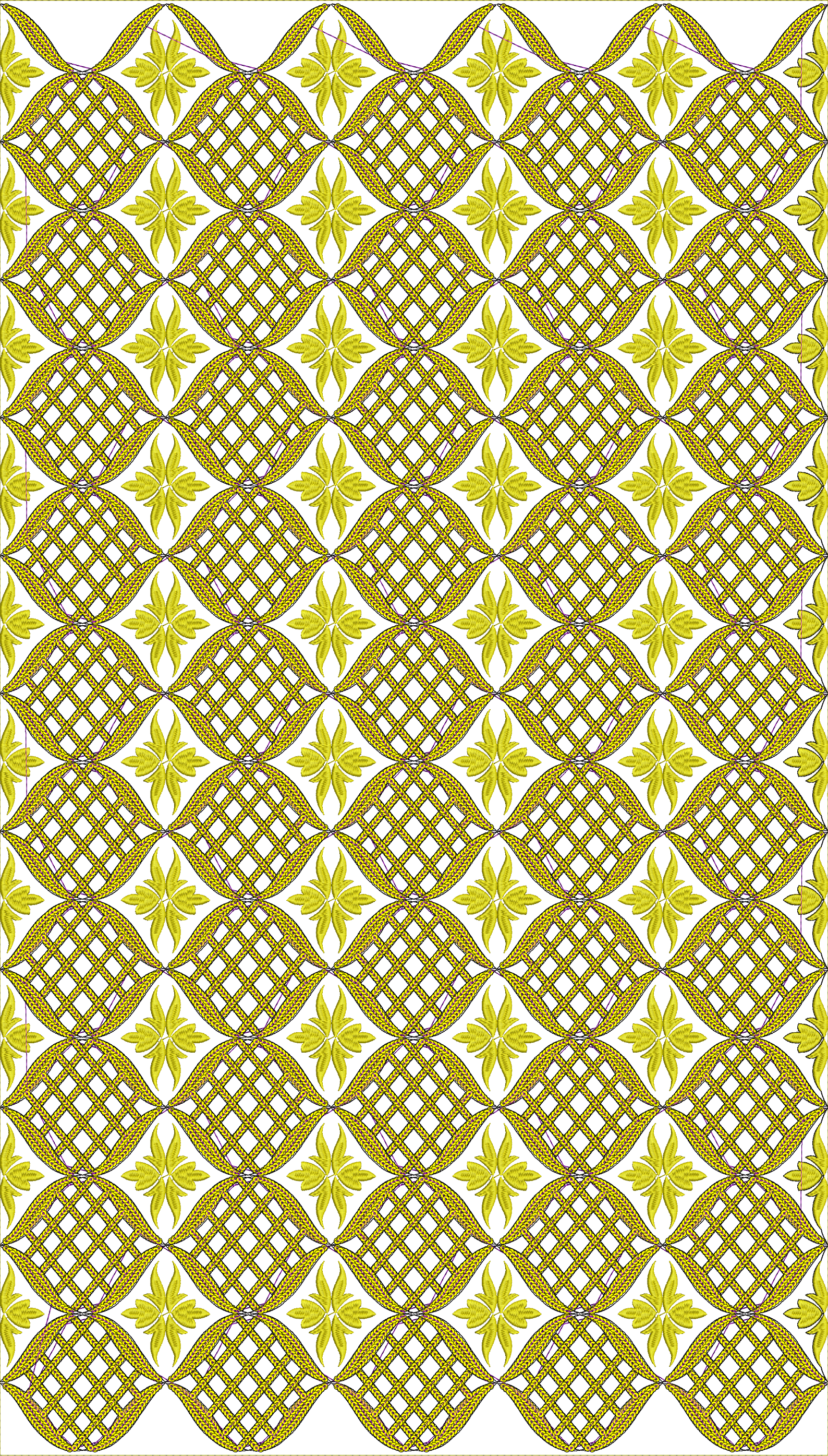 Embroidery design: A repeating all-over embroidery design featuring interwoven golden bands forming diamond shapes, with stylized yellow fl