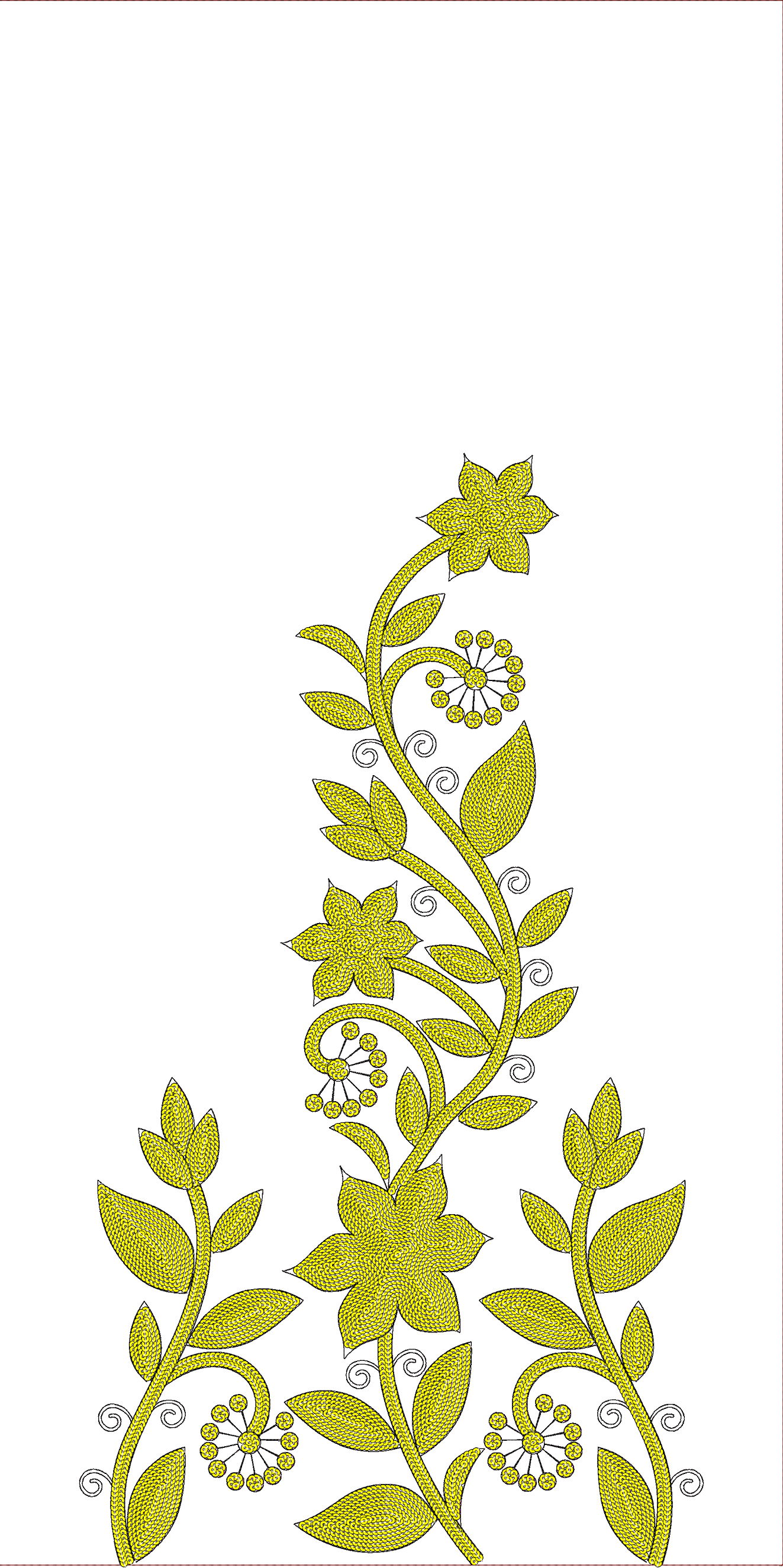 Embroidery design: A symmetrical embroidery design featuring yellow floral and botanical elements with swirling vine and scrollwork details