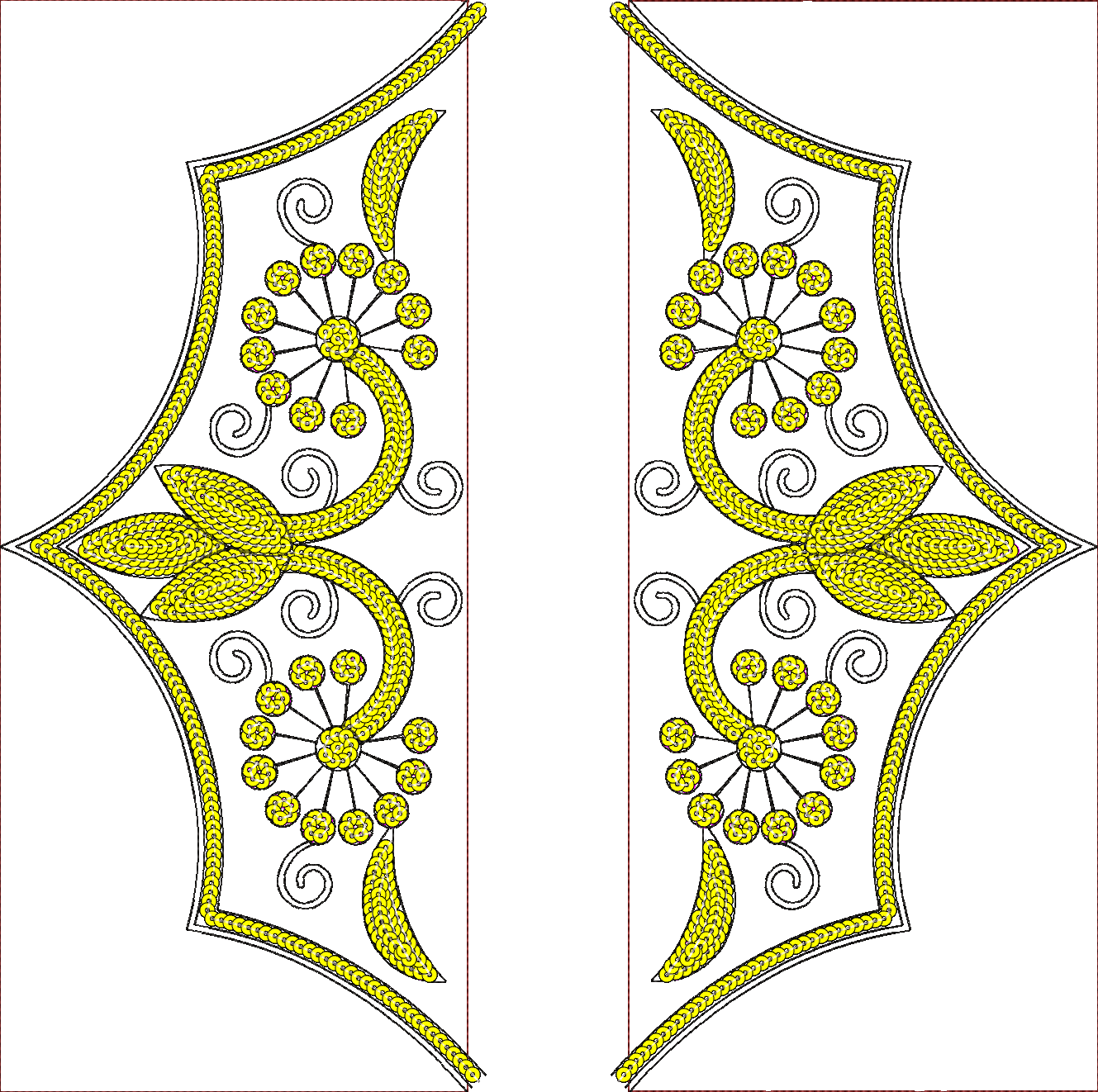 Embroidery design: A symmetrical embroidery design featuring yellow floral and scrollwork motifs outlined in black on a white background, w