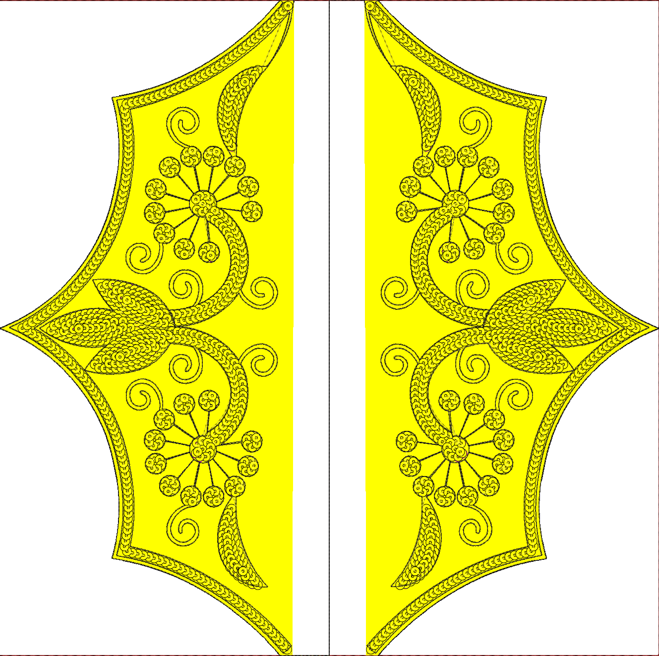 Embroidery design: A symmetrical embroidery design featuring two panels, each with a central starburst or floral motif surrounded by scroll