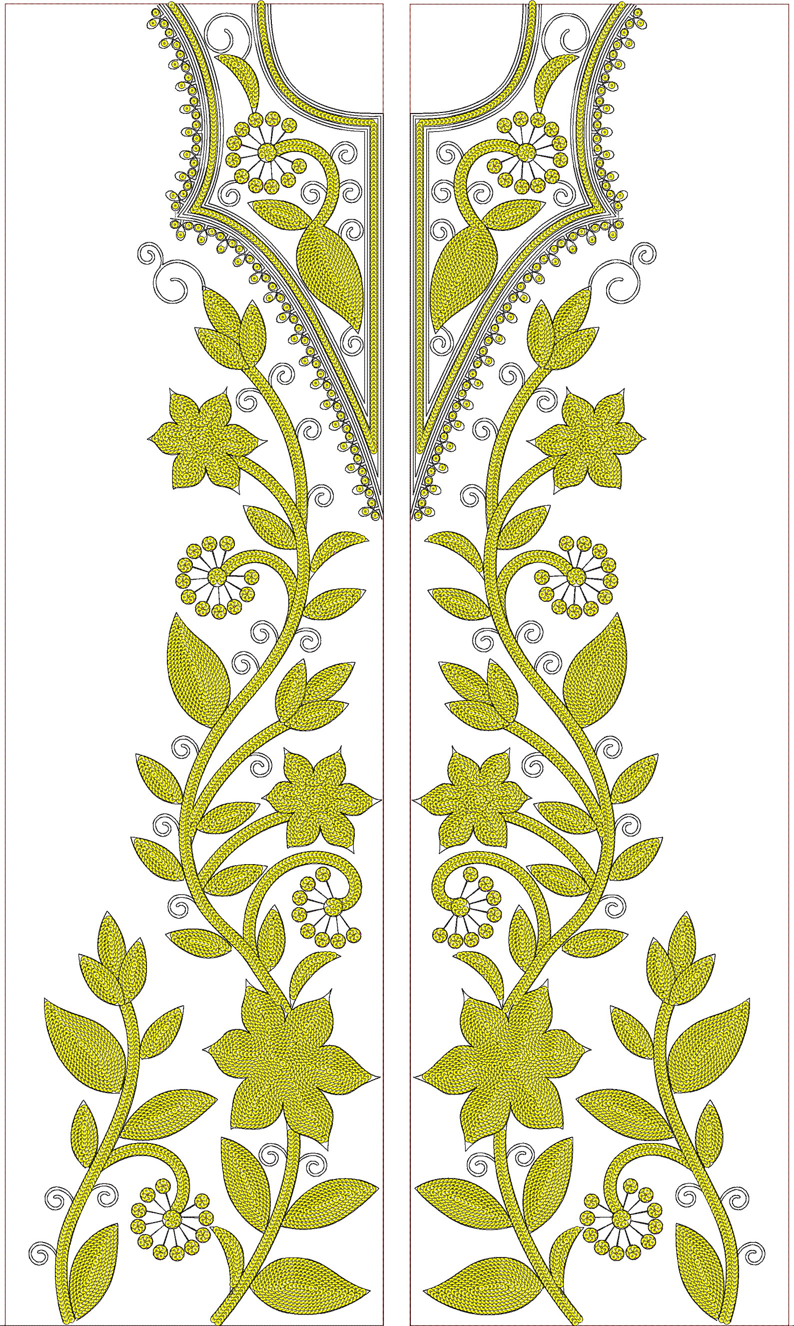 Embroidery design: A symmetrical yellow embroidery design featuring floral and vine motifs, suitable for a neckline or front panel.